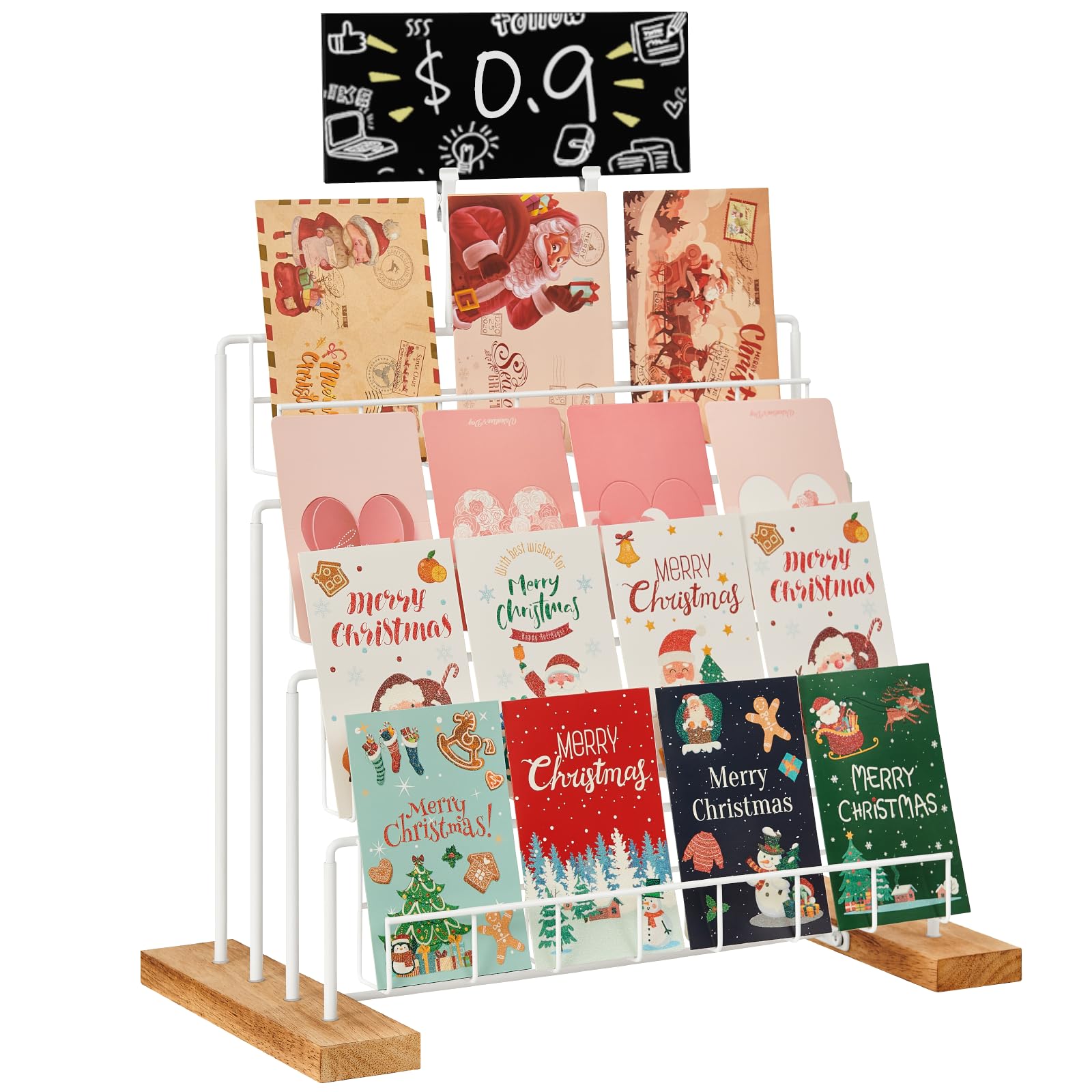 Photo 1 of YIYYZI Greeting Card Display Stand, 4-Tier Greeting Card Organizer for Cards, Postcard, Photos, Brochure, Sticker, Trading Cards, Metal & Wooden Retail Display Rack for Vendors Counter Retail (White)