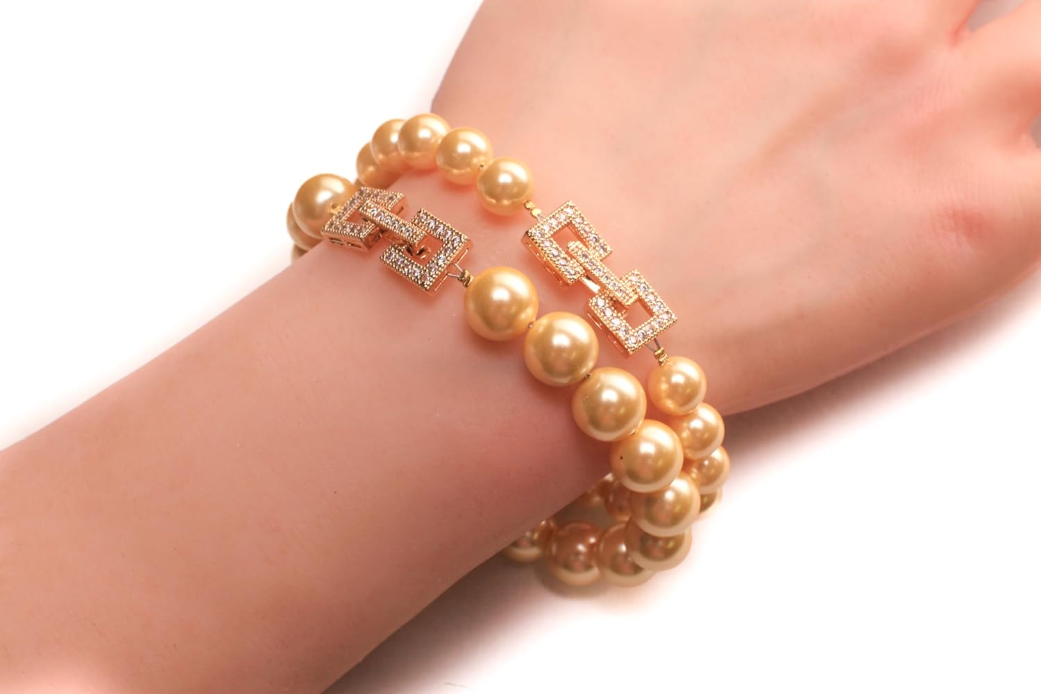 Golden Yellow South Sea Shell Pearl 8,10mm Bracelet in Fancy CZ Gold Clasp, Bridal, Gift for Her, Handmade Custom Order