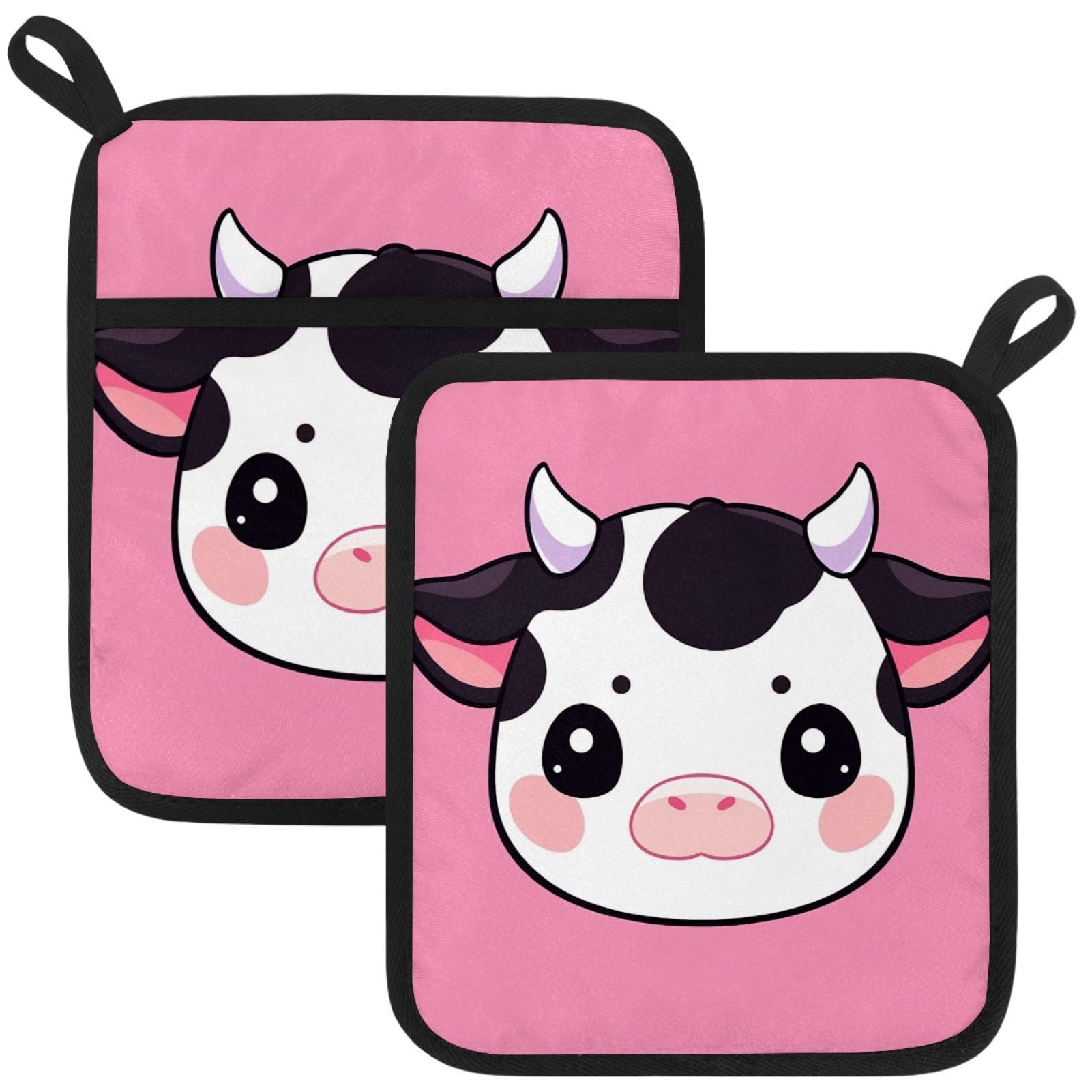 VAPOKF Cattle Cow Heat Resistant Pot Holders, Thick Pot Holders Pad with Hanging Loop for Kitchen, Oven Cloth Pads for Kitchen Baking Microwave Oven