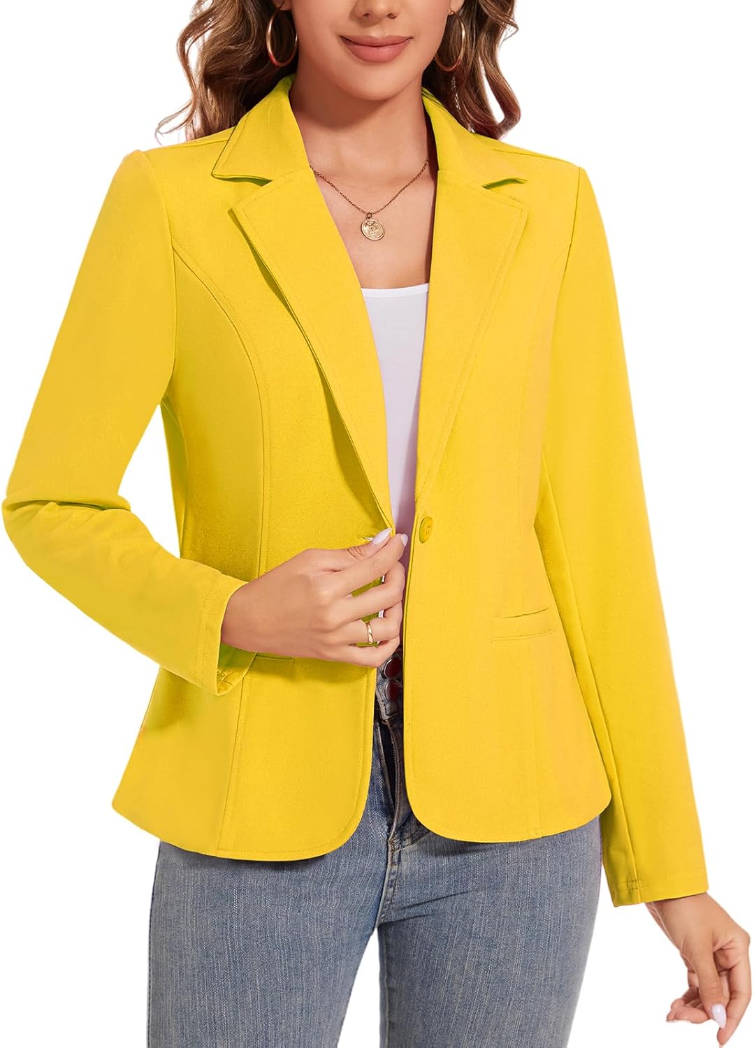 Womens Casual Blazer Jacket Long Sleeve Open Front Work Office Blazers Lapel Button Jackets with Pockets *Yellow,Size L*