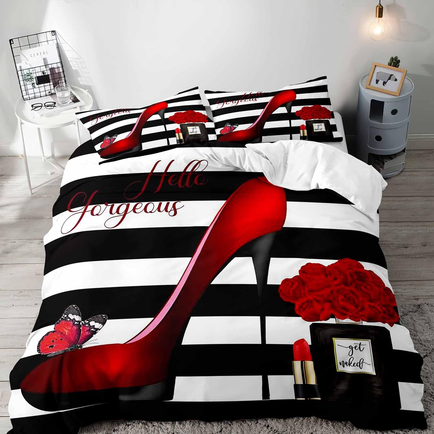 LUVIVIHOME 3PCS Red Floral Bedding, Striped Duvet Cover Queen, Hello Gorgeous Butterfly Rose Flower High Heels Perfume Lipstick Makeup Black and White