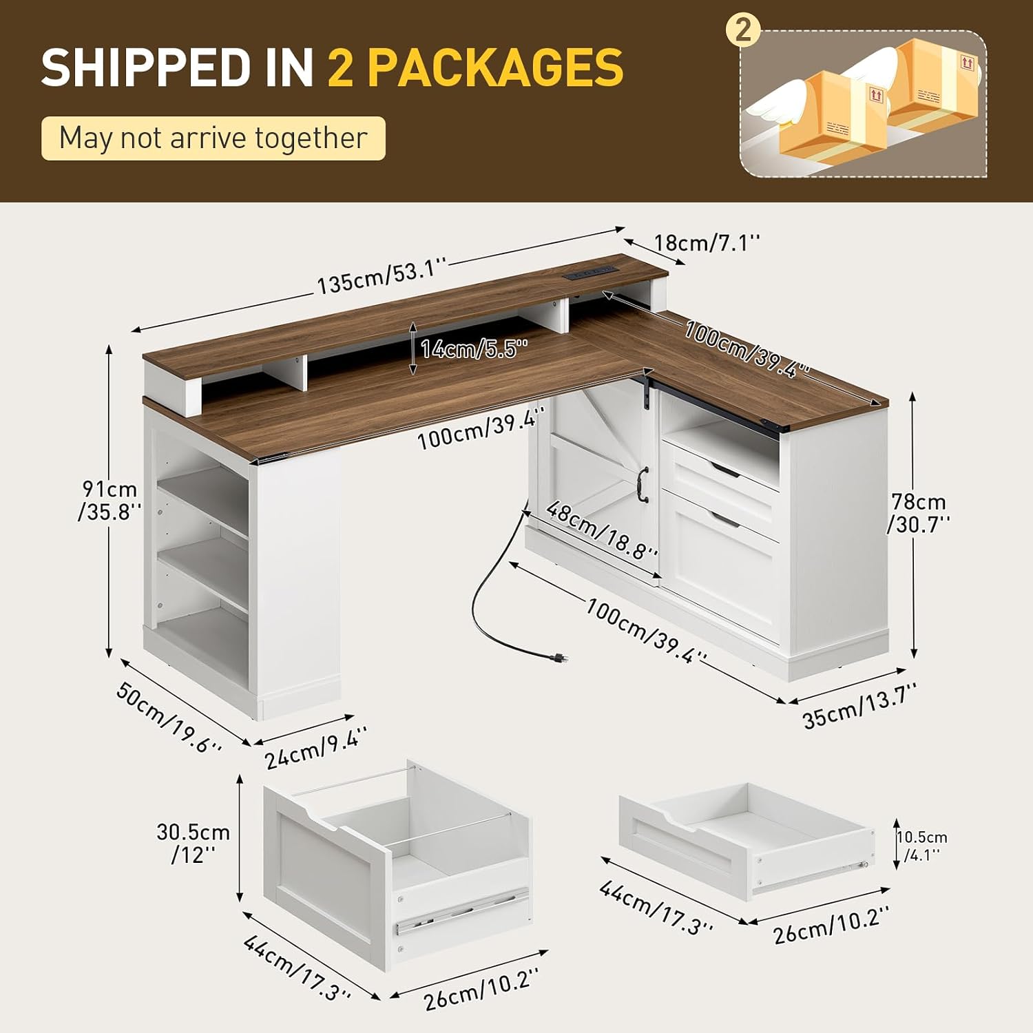 RALGEND Farmhouse L Shaped Desk with Drawers, 53 Inch Executive Desk with File Cabinet and Monitor Stand, Wooden Corner Computer Desk with Power Strip for Home Office Work and Study, White and Walnut