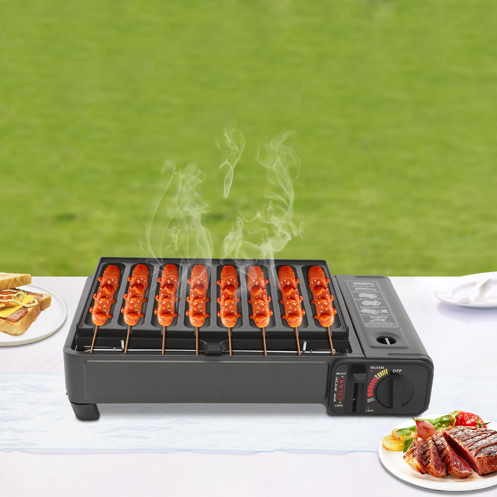 Barbecue a gas da campeggio, 2,2 KW, portatile da campeggio con piastra per salumi, set completo con vaschetta raccogli grasso e valigia, fornello a gas, 1 fiamma, ideale per esterni, picnic e