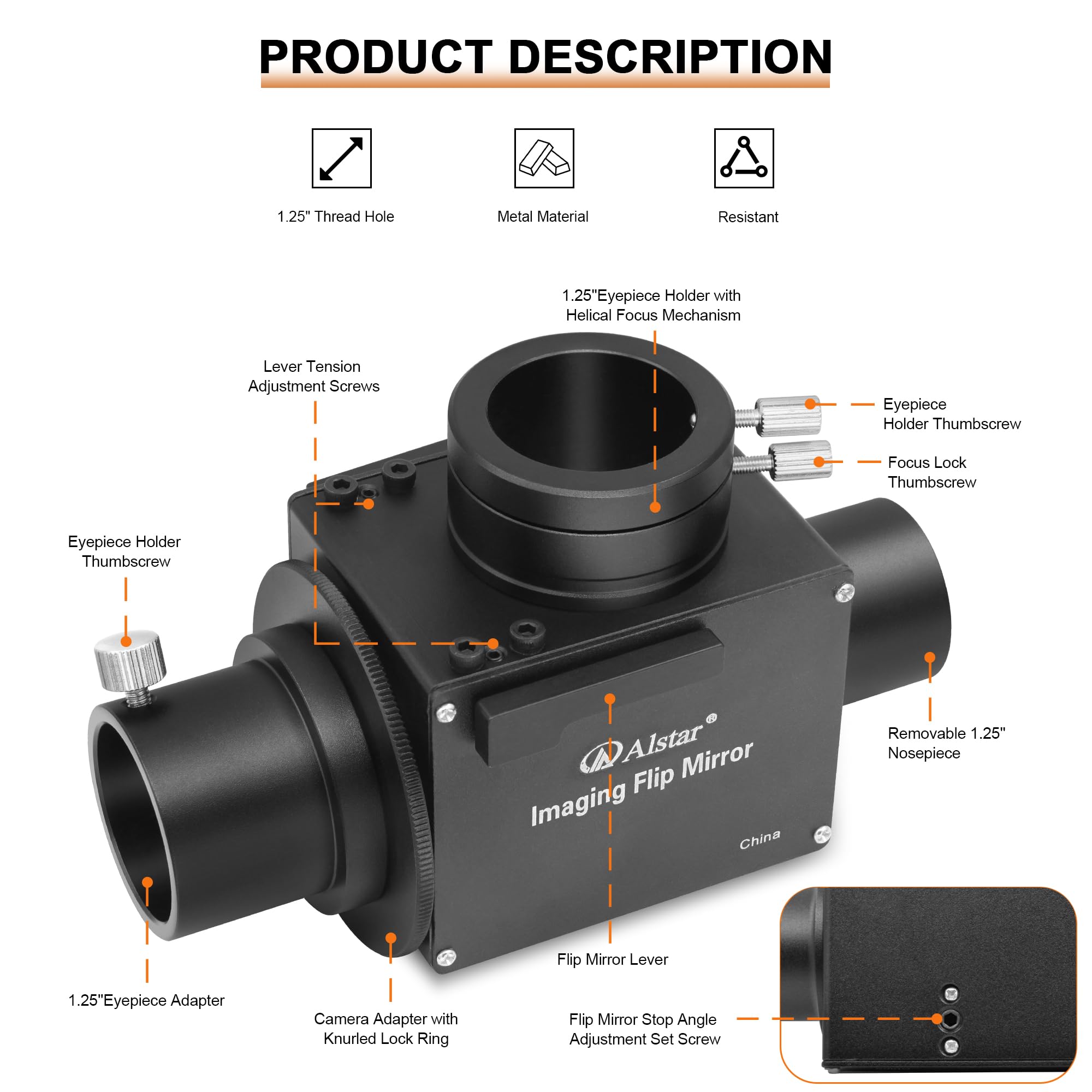 Alstar 1,25 "astrofotografía con tapa espejo con adaptador de ocular – la tapa espejo para un enfoque preciso