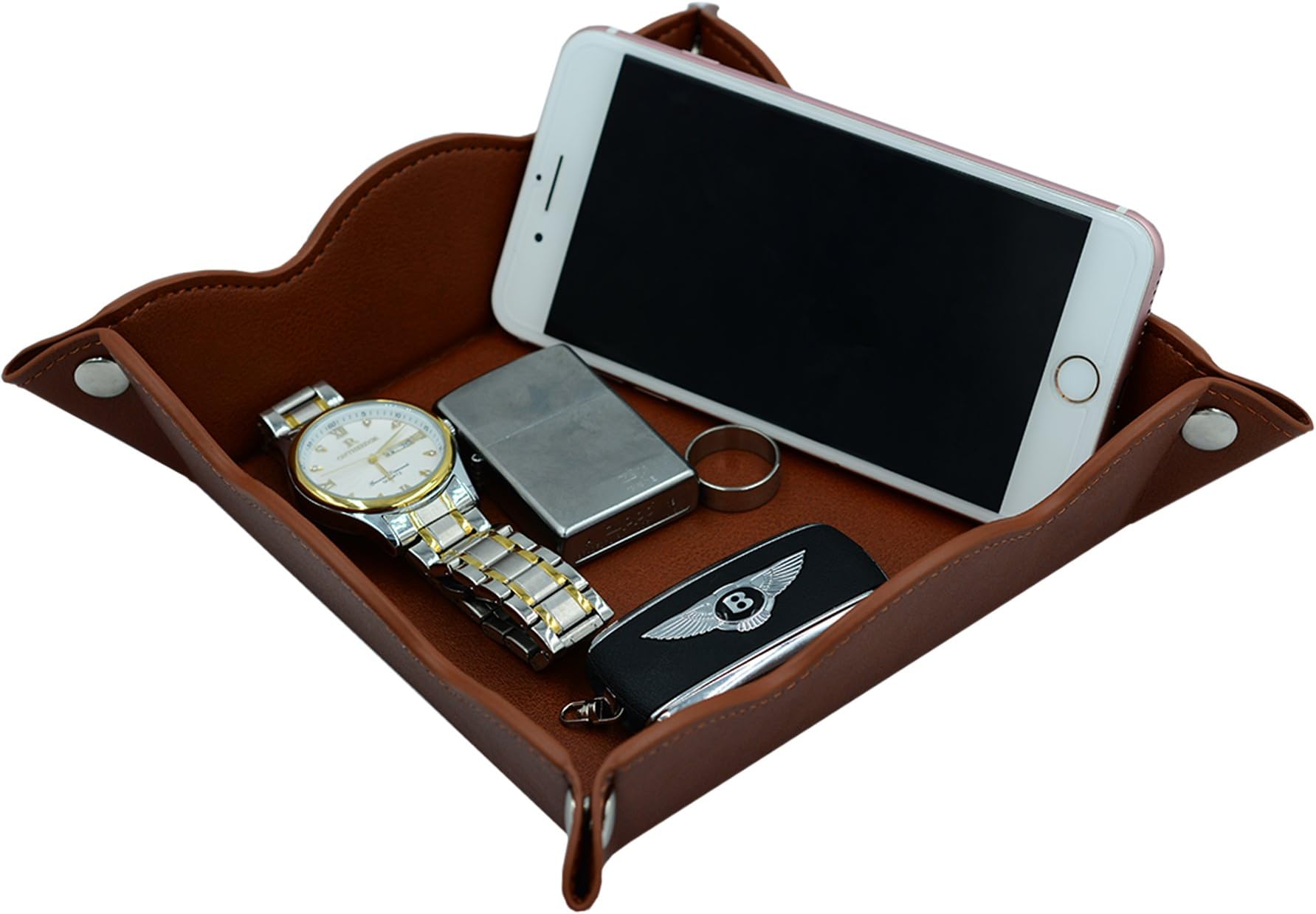 LISRSC Travel Valet Jewelry Organiser Tray for Men,Leather Portable Collapsible Wallet Phone Desk Storage Tray (Dark Brown)