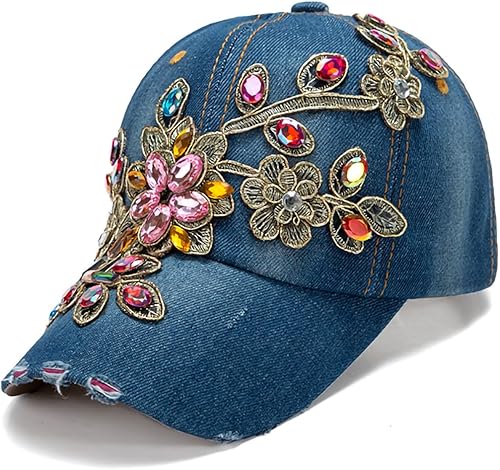 Miniatura 7 de Gorra de béisbol con diamantes de imitación para mujer, gorra de mezclilla desgastada, ajustable