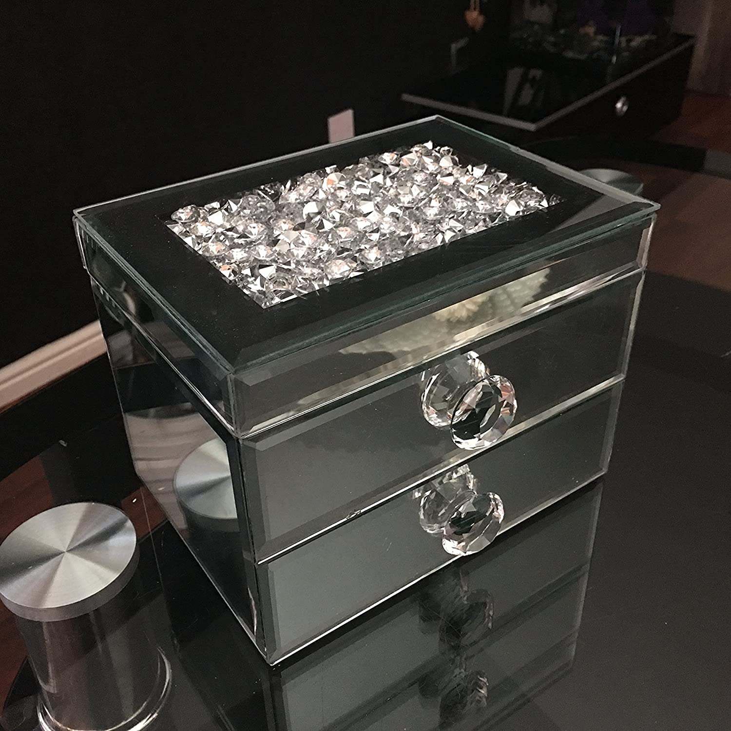 Biznest Silver Glass Mirrored Diamante Crushed Jewels Jewelry Box Mirrored Storage Box 2 Drawer Top Open