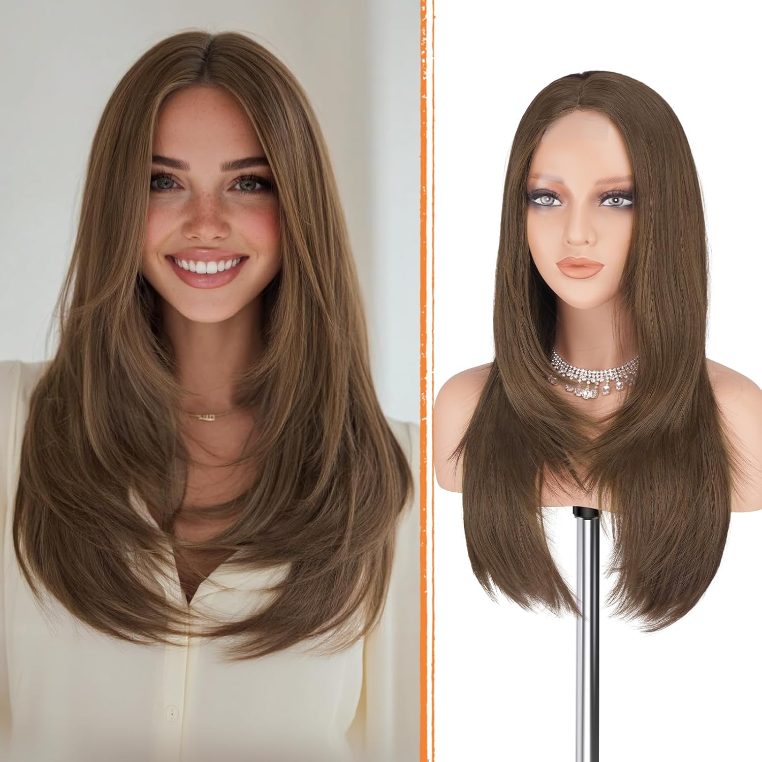 Haloo Brown Wig with Curtain Bangs - Lace Front Hairline Middle Part Long Layered Natural Looking Straight Synthetic Hair Wigs for Women Daily Party, 24 Inch Brown Mixed Grey Highlight