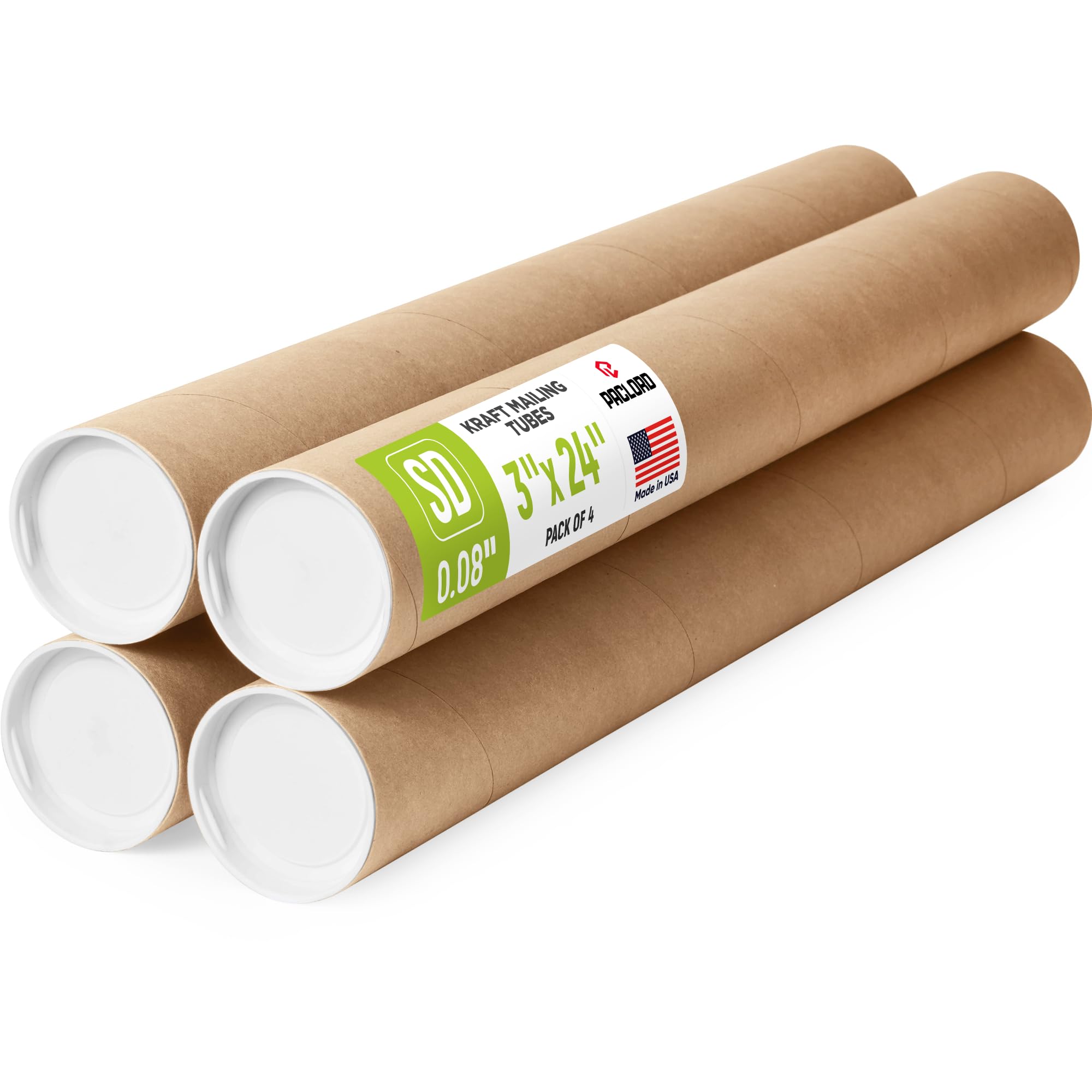 3" x 24" Reinforced Kraft Paper Mailing Tubes, Pack of 4 Tubes with 2 Caps Each – USPS Approved Poster Tube – Made in USA Cardboard Tube for Shipping and Storing Posters, Prints, Artwork, or Documents