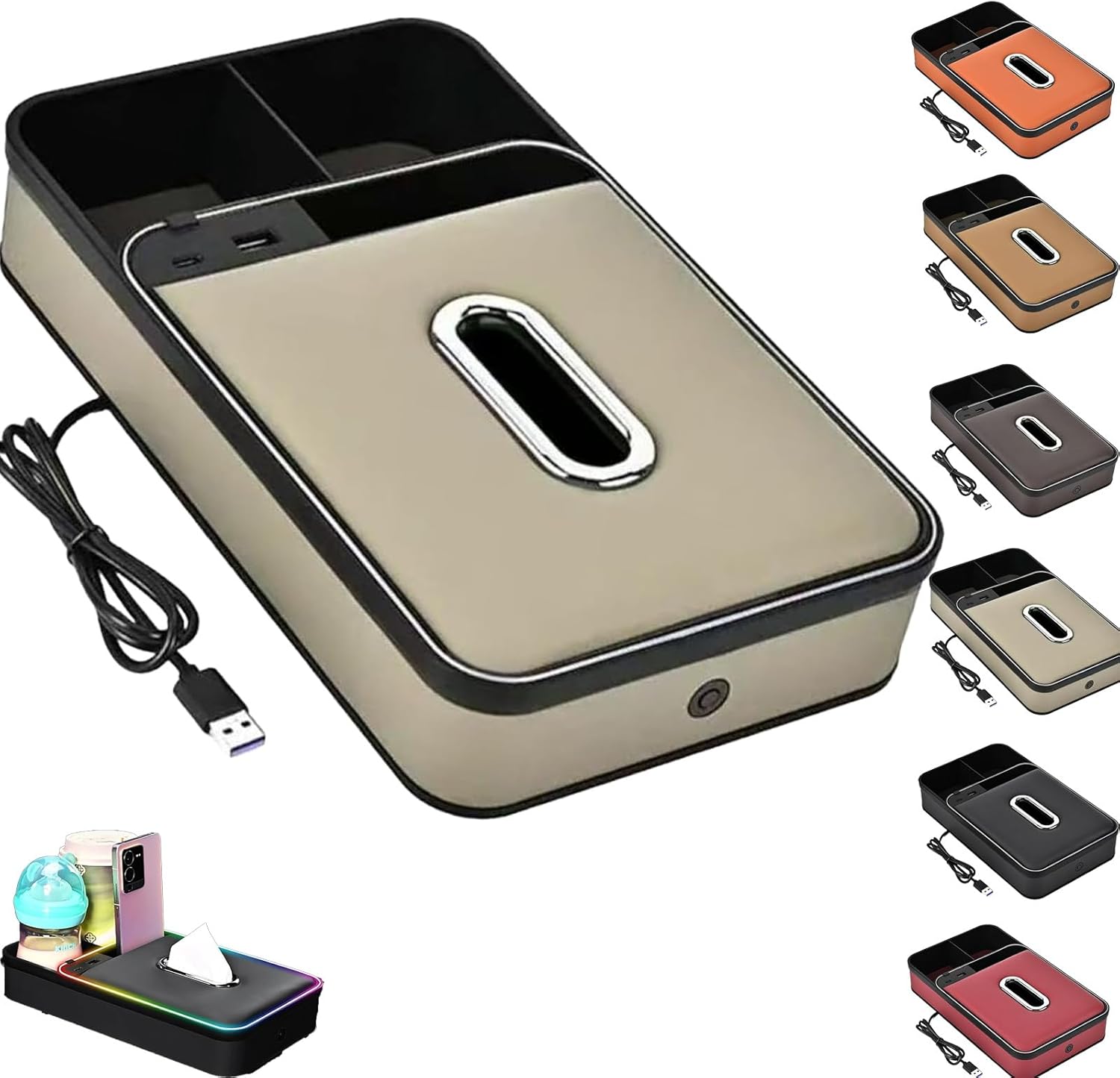 Car Armrest Storage Box with LED Ambient Light, Colorful Light USB/PD Fast Charging, Leather Center Console Organizer, for Cars, SUVs, Trucks (Beige)