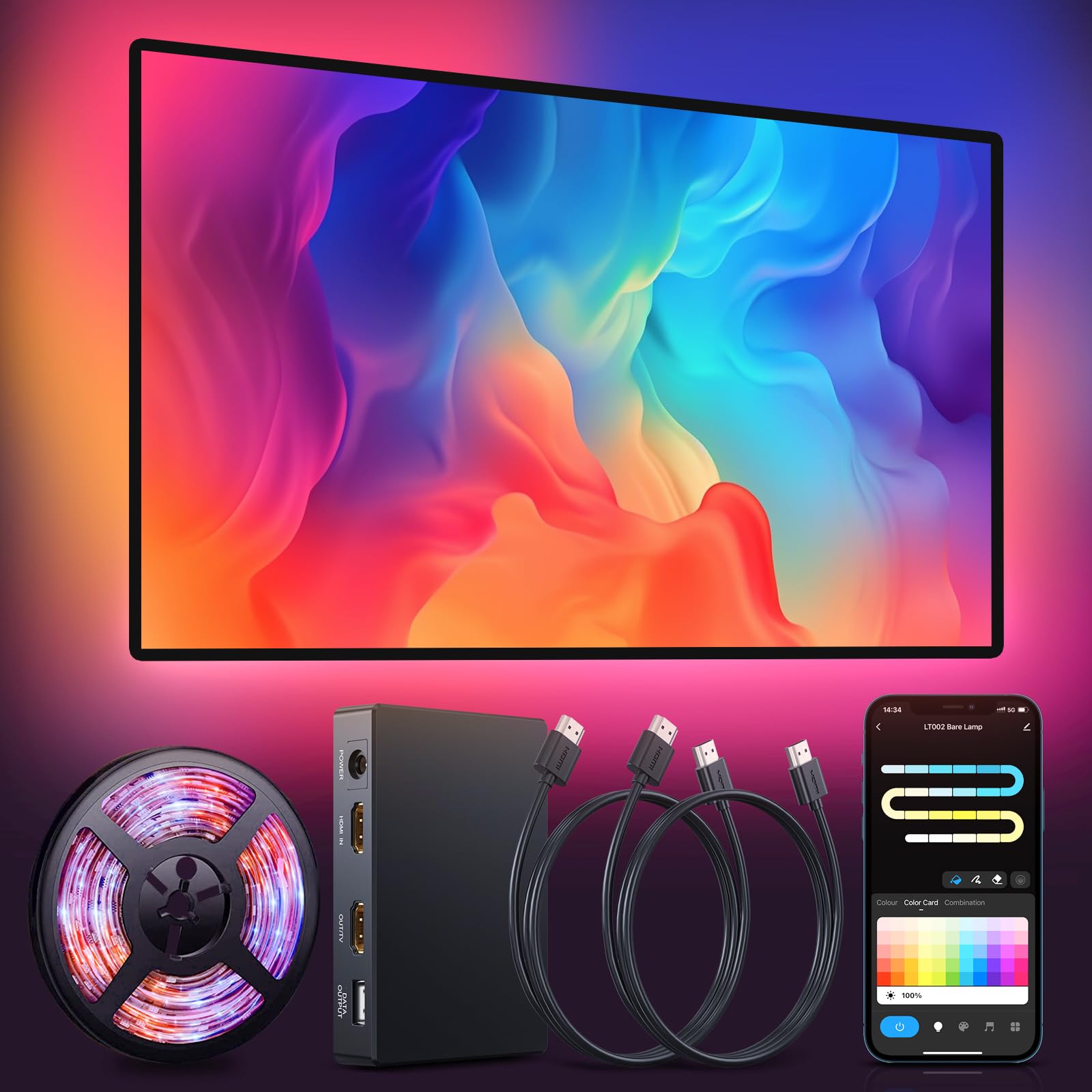 Sophon-Rétroéclairage LED Immersif pour TV avec Boîtier de Synchronisation HDMI 2.0, Compatible 55-65 Pouces et Consoles, Contrôle Intelligent et Synchronisation Audio (3.5M)