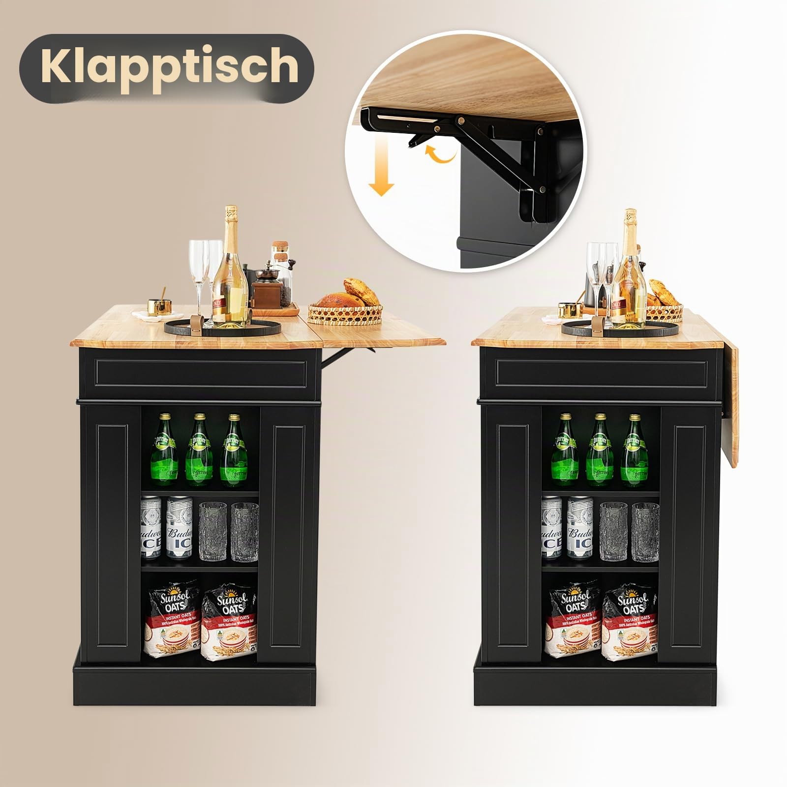 KOMFOTTEU Kücheninsel mit Ausziehbarer Arbeitsplatte, Küchenschrank Holz mit Schubladen Seitenregalen & 2 Türschranke, Küche Anrichte mit verstellbaren Böden für Essimmer Küche 120x61x92 cm(Schwarz)