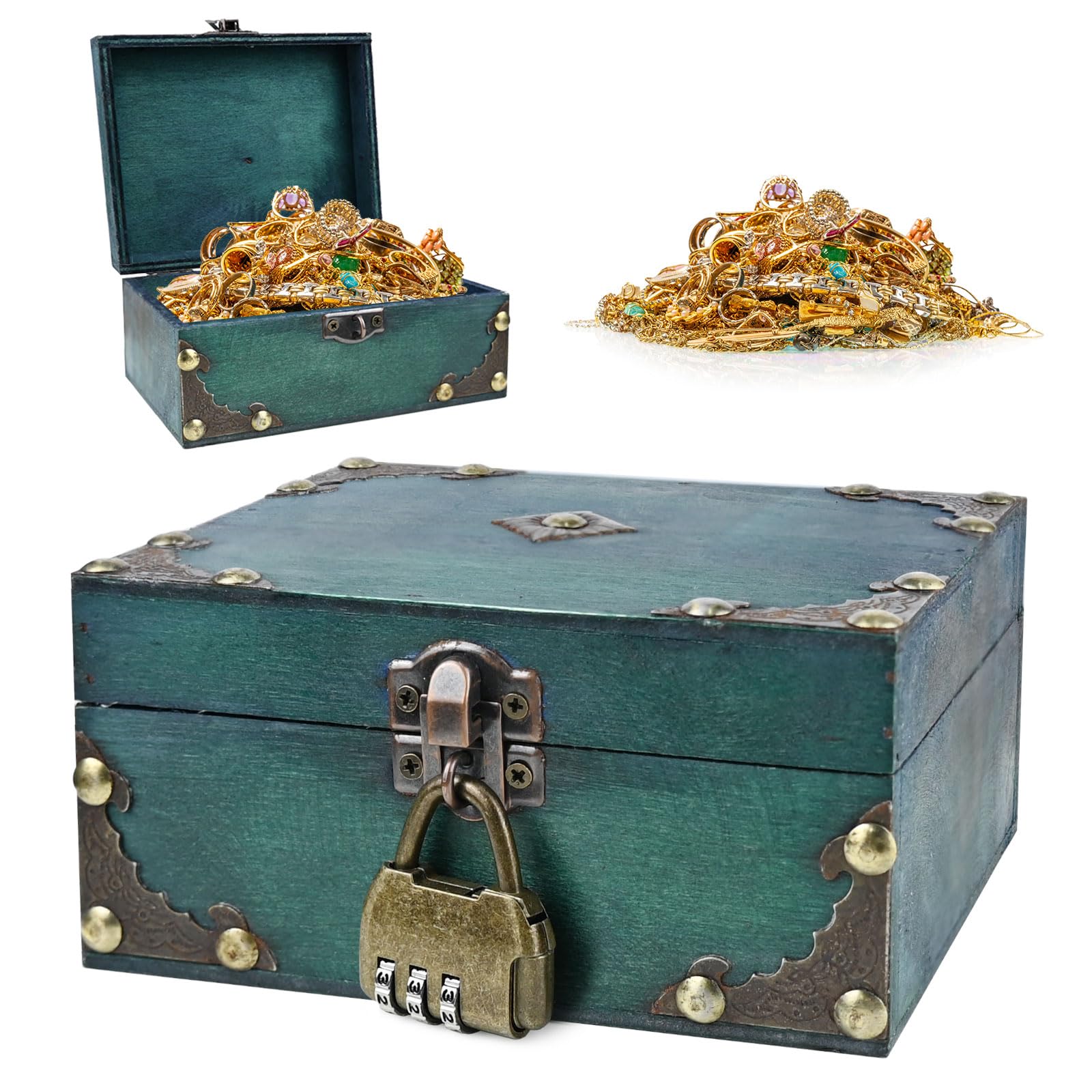 Yicaam Emerald Vintage Wooden Treasure Chest Box With Lock (15X12x7.2cm) Treasure Jewelry Chest, Pirate Treasure Chest Box For Home Decor And Jewelry Storage