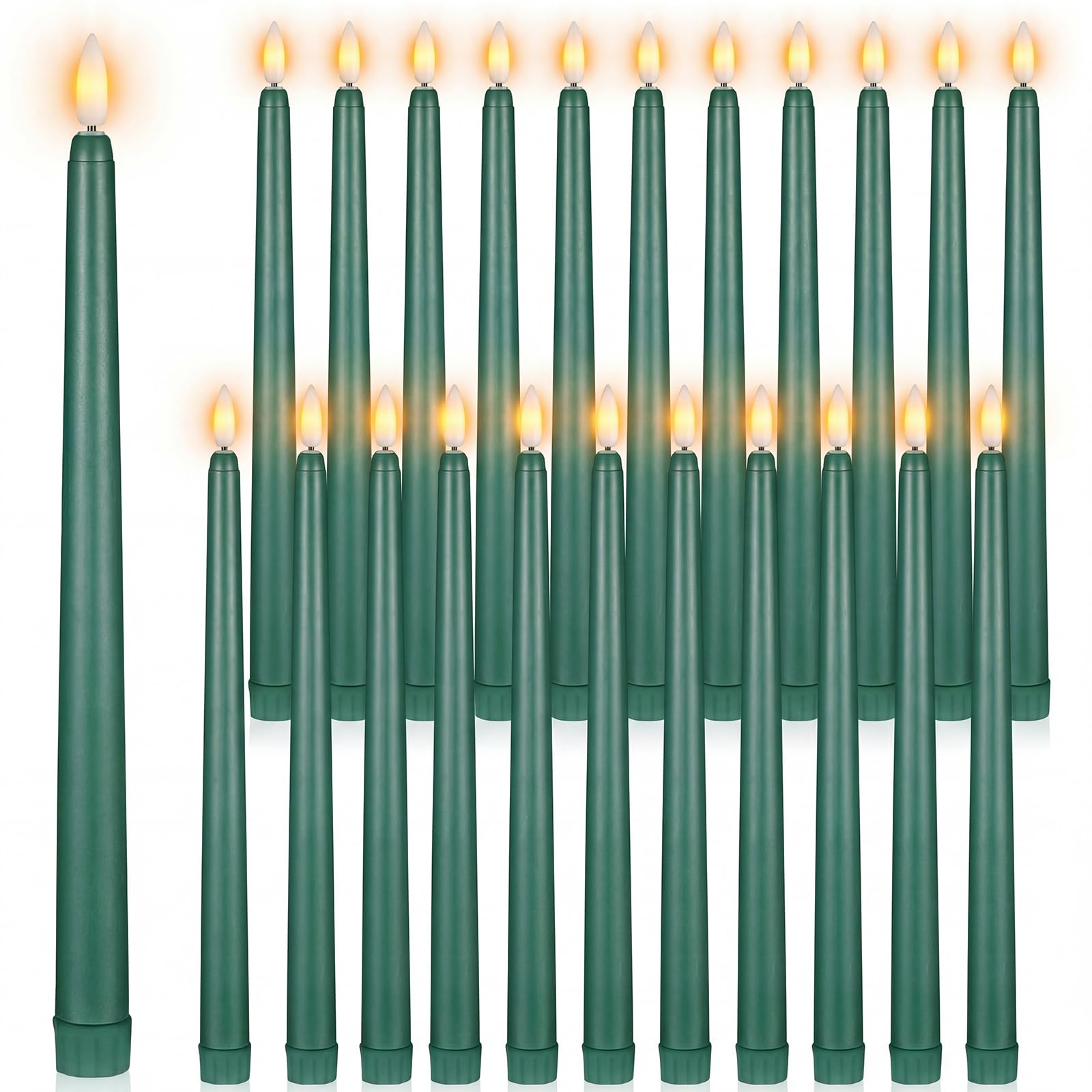 Photo 1 of Macarrie 24 Packs Flameless Taper Candles Battery Operated Fake 11 Inch Long Candlelight LED Flameless Candlesticks Flickering Tapered for Summer Fall Wedding(Green)
