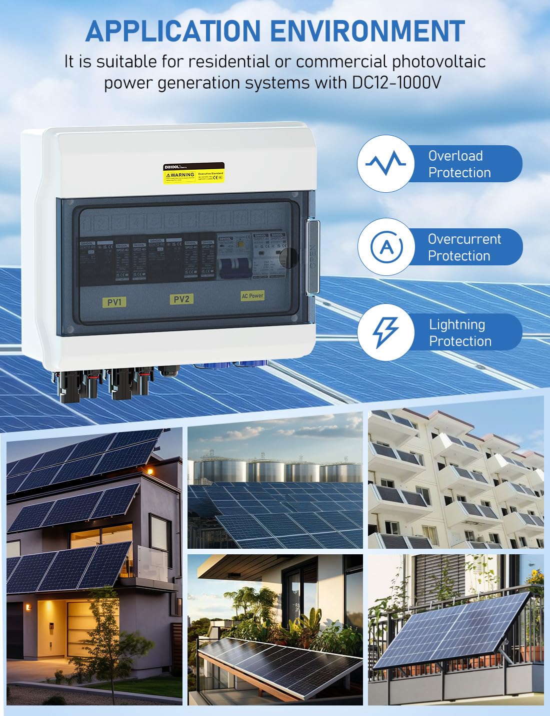 DIHOOL Disjoncteur DC protection contre les surtensions système photovoltaïque 2 chaînes 1000V 25A 2x500W boîte de jonction solaire avec protection contre les surtensions AC
