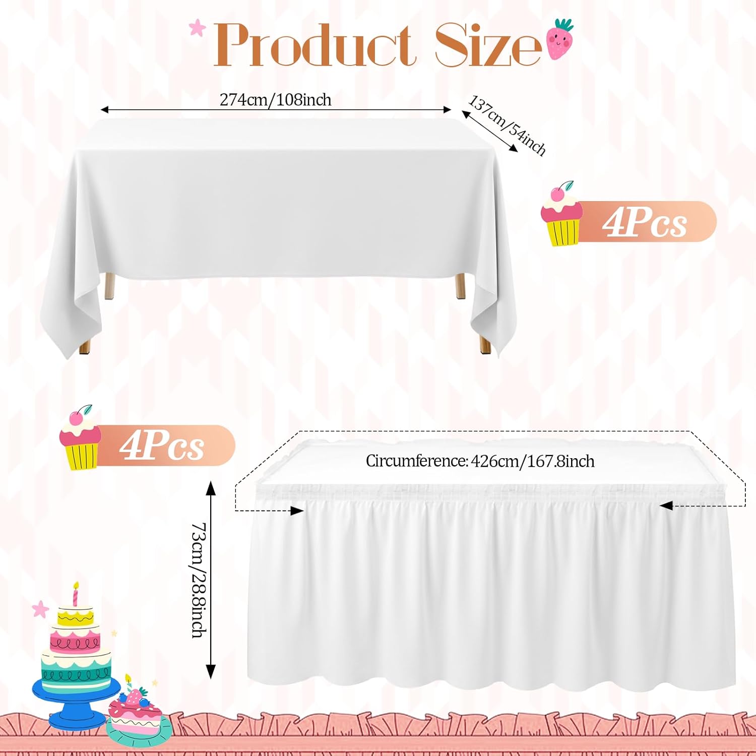 8 Pcs White Table Skirts and Stain Proof Table Cloths 168 x 29 Rectangle Fitted Tablecloth with Pleated Skirt 54 x 108 Plastic Tablecloth for Wedding Baby Shower Valentine (White)