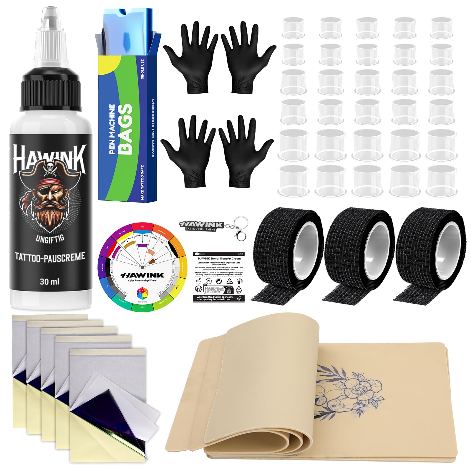 HAWINK Tattoo Zubehör Set mit 5 Übungsleder 30ml Tattoo Transfer Gel Creme Transfer Papier Einweg Tattoo Stift Etui Tattoo Farbe Cups 3 Grip Tape für Anfänger und Profis TC637KITEU