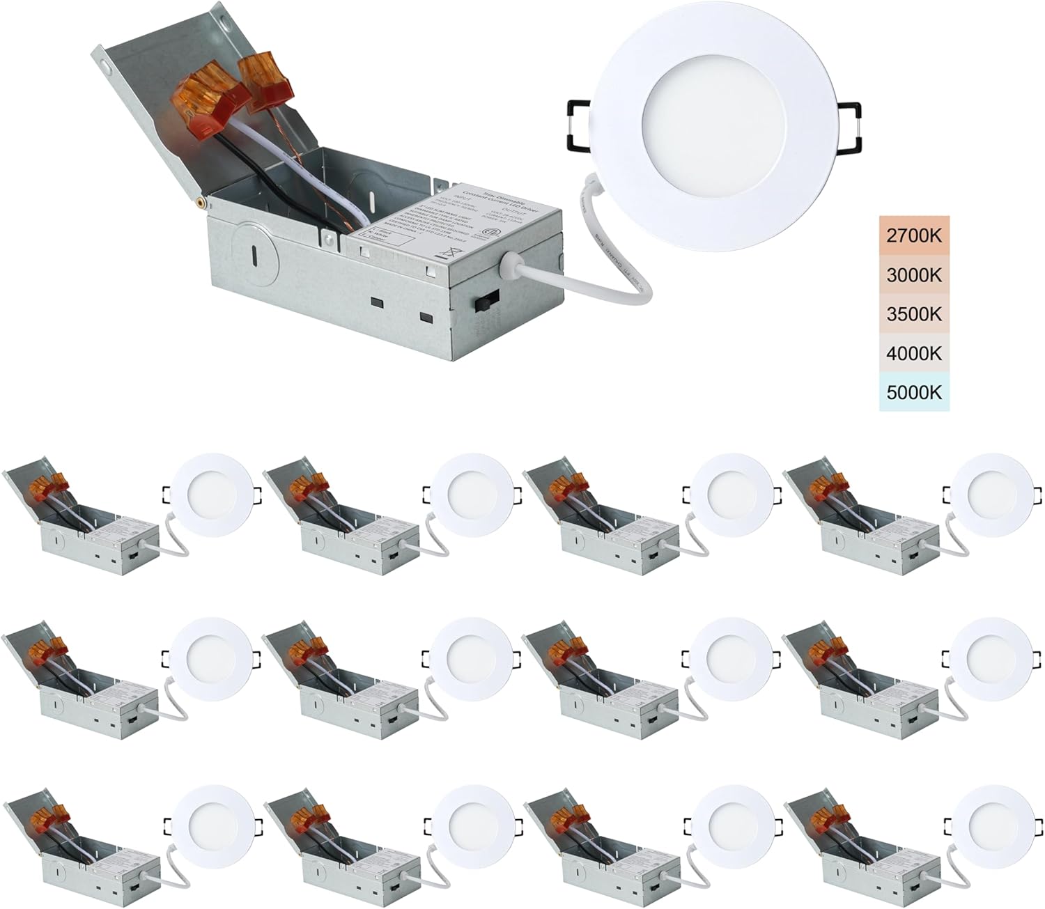 3-inch LED Recessed Lights - Slim Recessed Ceiling Light with Junction Box, 5W 5CCT Selectable Canless Lighting fixture, Dimmable, Easy Install for Bedroom, Kitchen, Living Room, 12 Pack, White