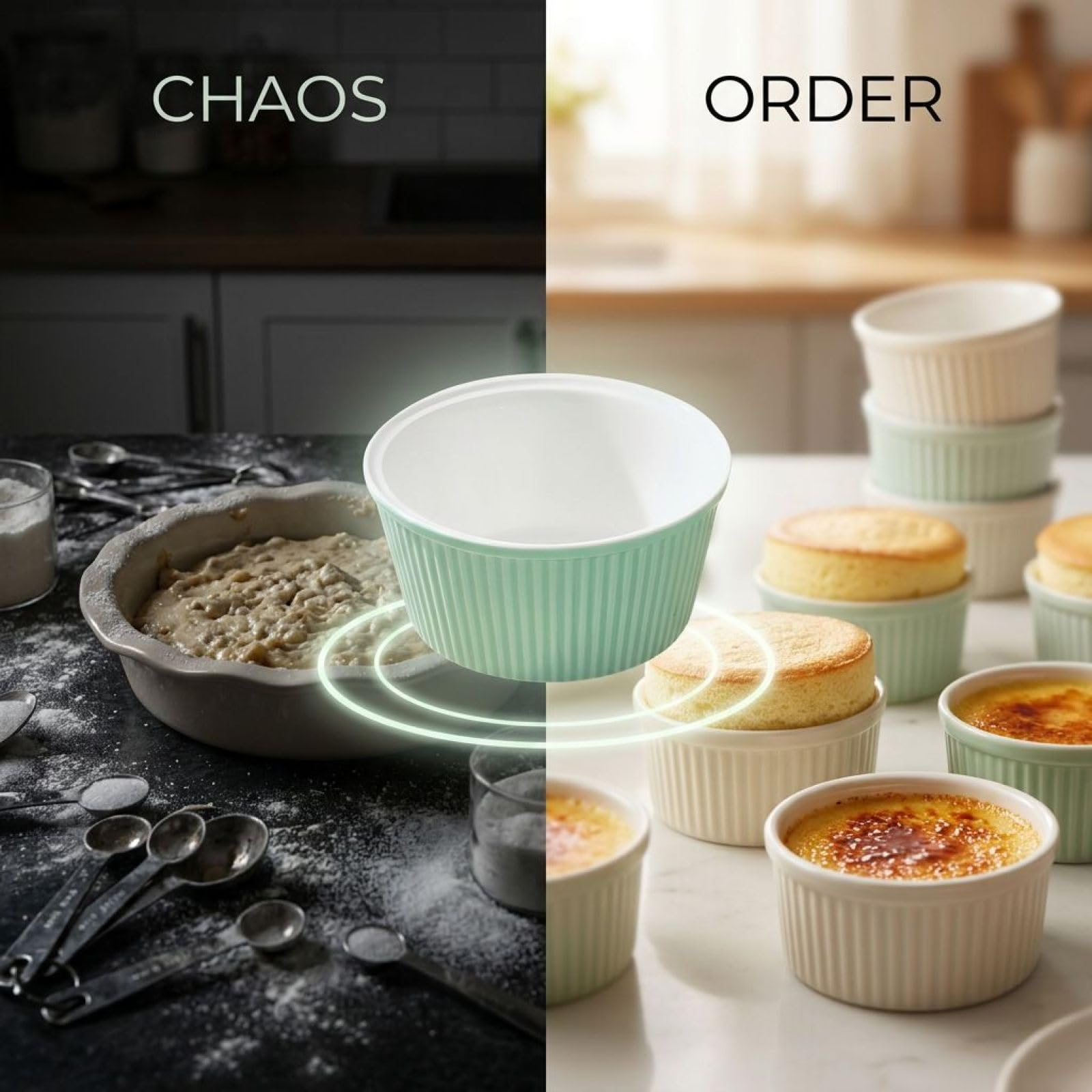 Lot de 4 ramequins en céramique, compatibles four, ramequins à soufflé en porcelaine 300 ml, bols à pudding empilables à rayures verticales, bleu, jaune, blanc, rose, 11,5 x 11,5 x 5,5 cm