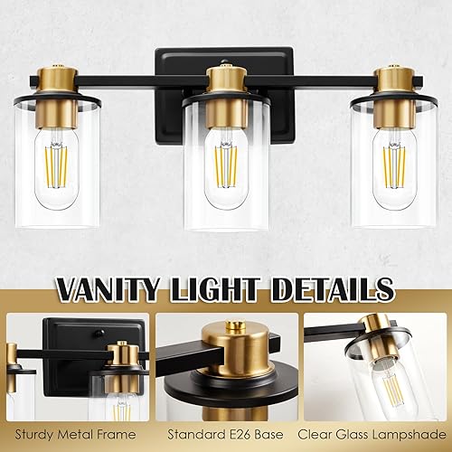 Miniatura 10 de Lámparas de baño negras, luces de tocador para baño, modernas luces de baño sobre espejo con pantalla de vidrio transparente, luz de tocador de