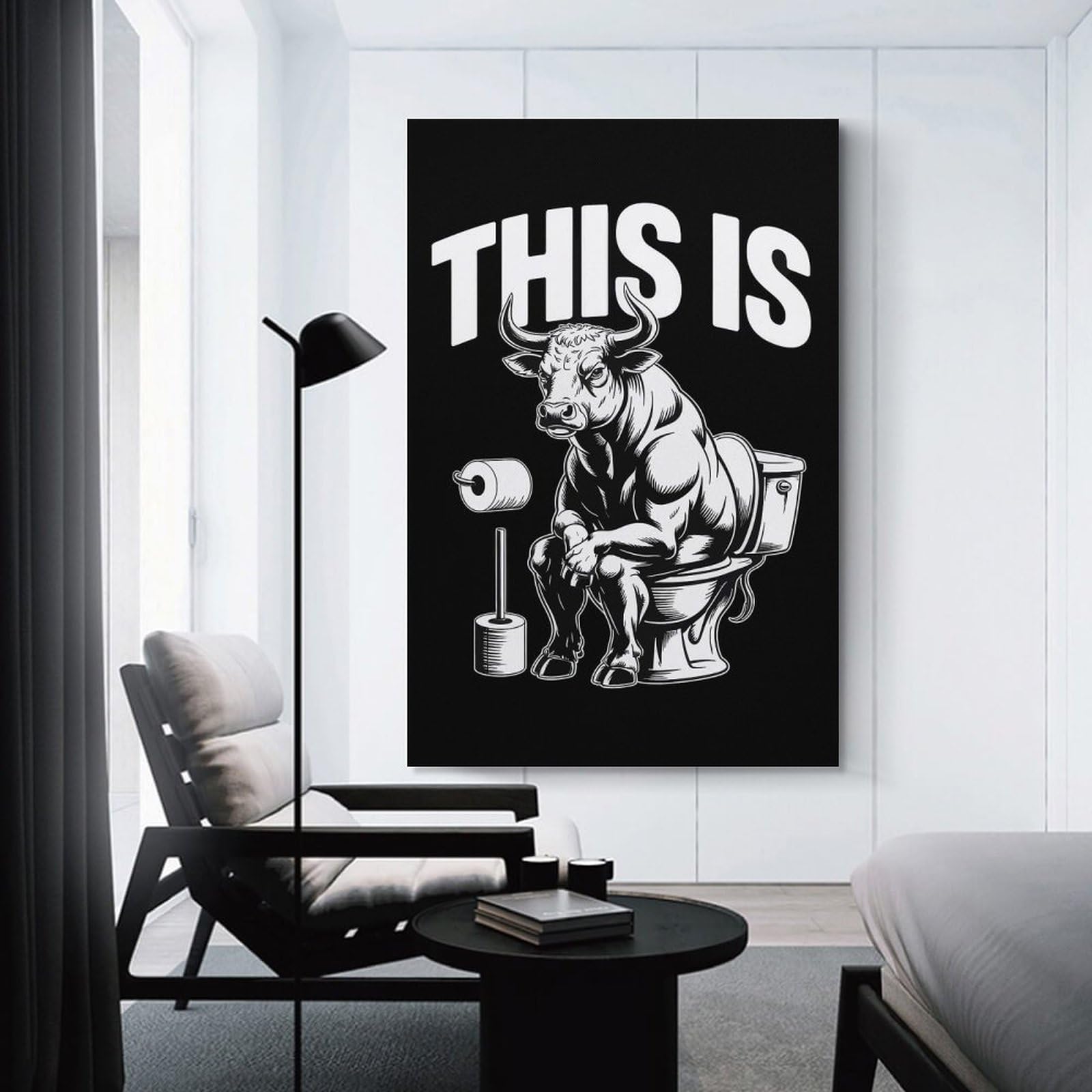 Junmoney Bull on Toilet with Text Wall Picture Print 12x18inch(30x45cm), for Lounge Decor, Offices Or Entryway Styling, Versatile Wall Decor for Many Rooms