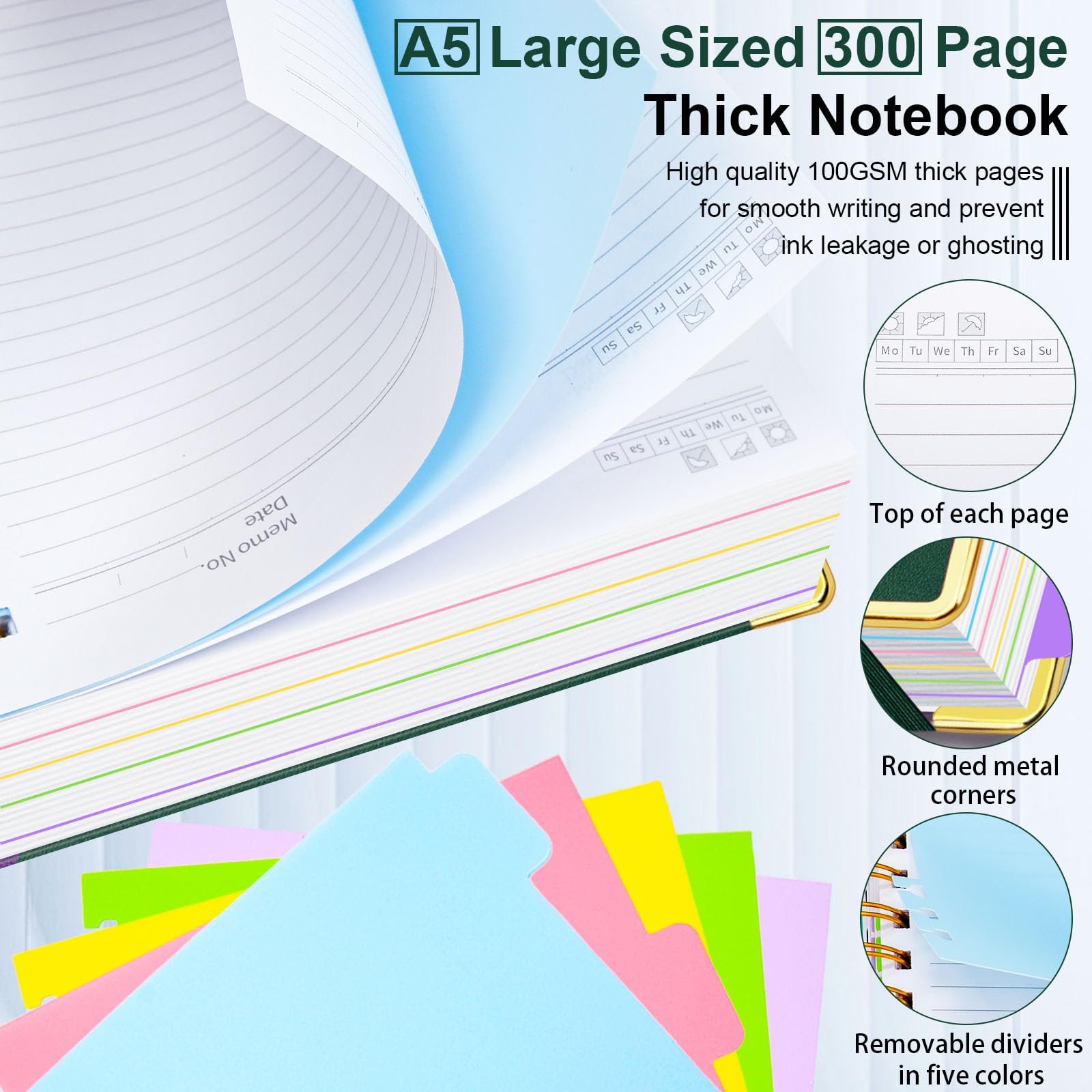 Taccuino a spirale con copertina rigida, 15,7 x 20,8 cm, con linguette e divisori rimovibili, 300 pagine, 5 soggetti, a righe, in ecopelle, per donne, scuola, lavoro (verde)