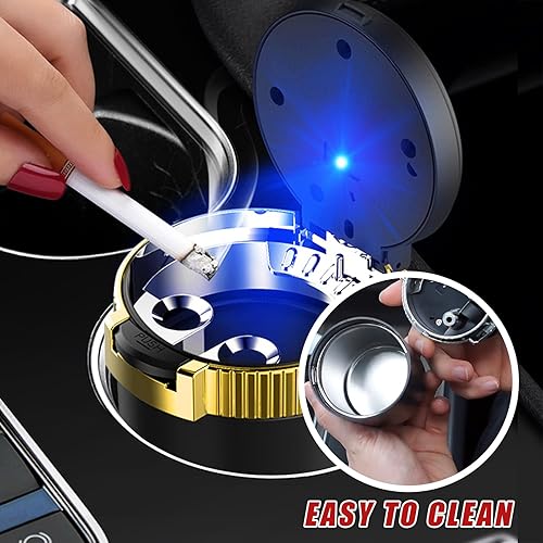 Miniatura 25 de Cenicero de automóvil con tapa, cenicero desmontable inoxidable sin humo, mini bote de basura portátil para vehículo con luz LED azul, accesorios