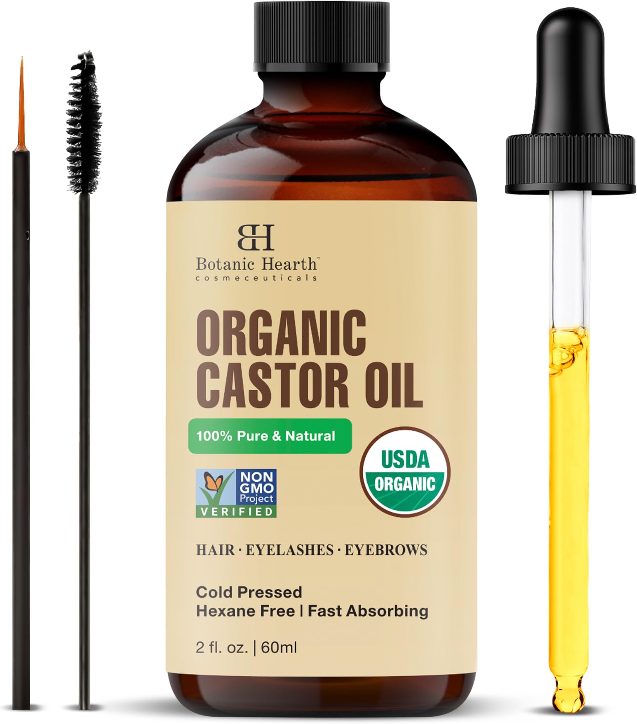 Botanic Hearth Castor Oil & Hair Treatment Oils 2 Fl oz| 100% Pure & Natural, Cold Pressed |For Hair, Eyelashes & Eyebrows | Hexane Free, Fast Absorbing | With Applicators & Dropper | All Hair Types