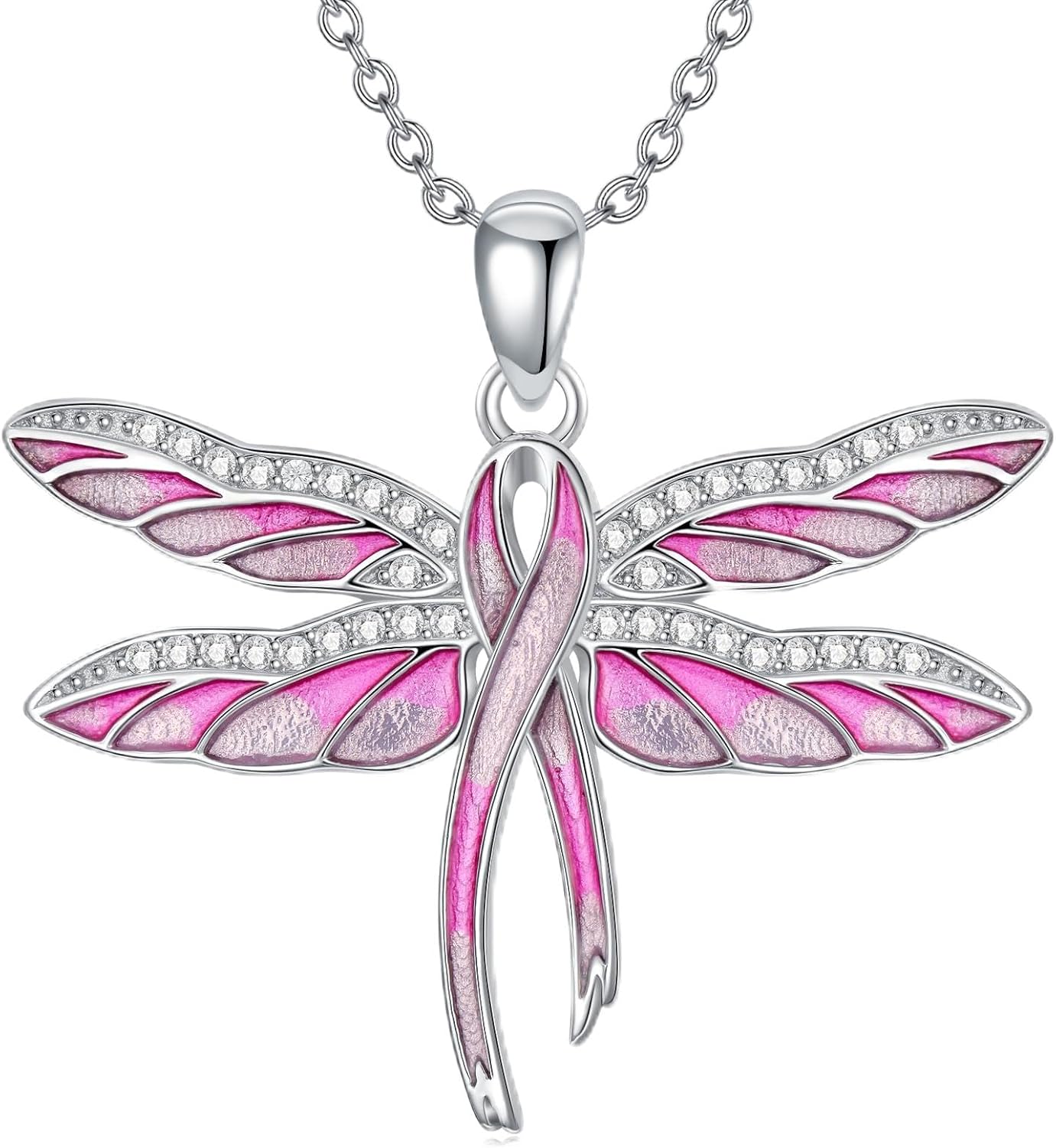 Breast Cancer Awareness Necklace 925 Sterling Silver Butterfly/Dragonfly Pink Ribbon Pendant Breast Cancer Survivor Jewelry Gift for Women