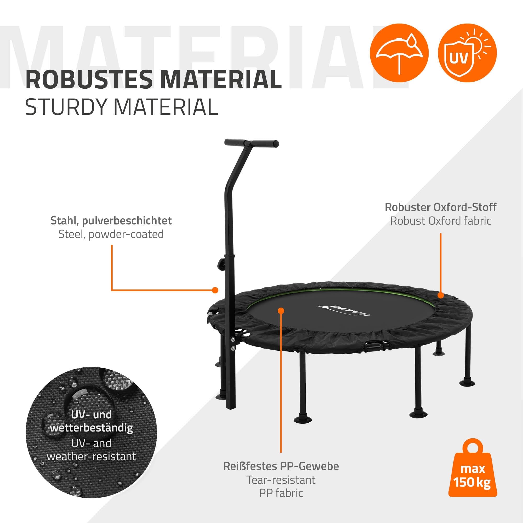 Hauki Trampolino Fitness Indoor con Maniglia Ø102cm/Ø122cm, Regolabile in Altezza, Capacita 150 kg Tappeto Elastico Silenzioso per Adulti, Mini Trampolino con Bungee, Rebounder per Esercizi a Scelta