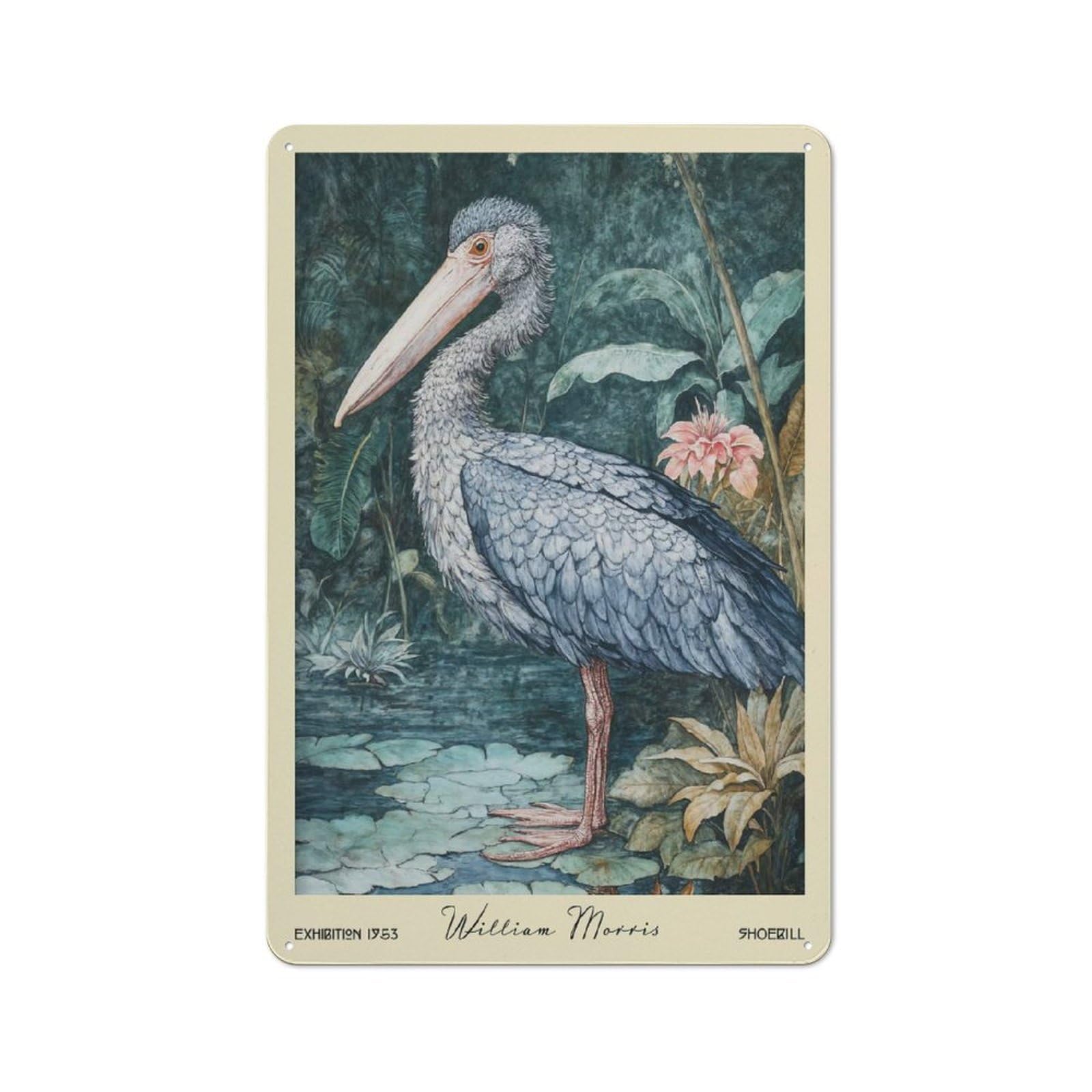 Junmoney Style-1 Shoebill William Morris Botanical Vintage Metal Wall Decor 30X20cm, Cafe Metal Sign For Tea Room, Shop Wall Or Breakfast Area
