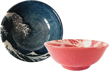 Mino ware Japanese Pottery Pair Ramen Noodle Donburi Bowl Mt.Fuji & Big Wave set of two made in Japan AKG001 1 x Blue, 1 x Red