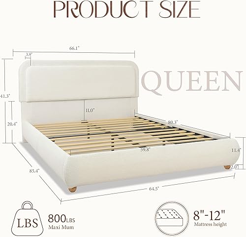 Miniatura 2 de Yechen Boucle Cloud - Marco de cama Queen con cabecera de esquinas redondeadas, marco de cama tapizado suave color crema con patas de madera maciza,