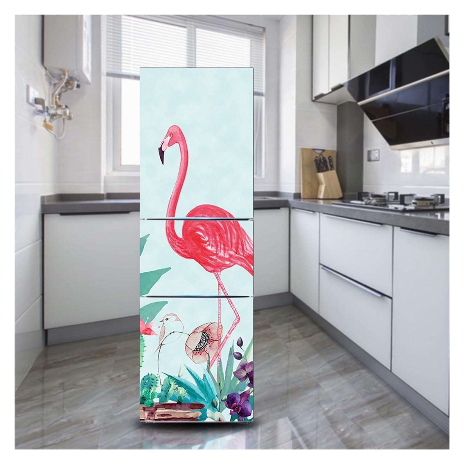 Self-Adhesive Fridge Stickers, Freezer Skins Wall Stickers for Kitchen Decal, Flamingo Cactus Bird(M: 60x180 cm)