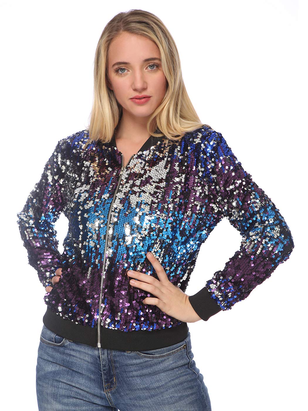 Anna-Kaci Womens Sequin Jacket Bomber Coat 1989 Slitter Outfit For Concert Party, Blue, Large