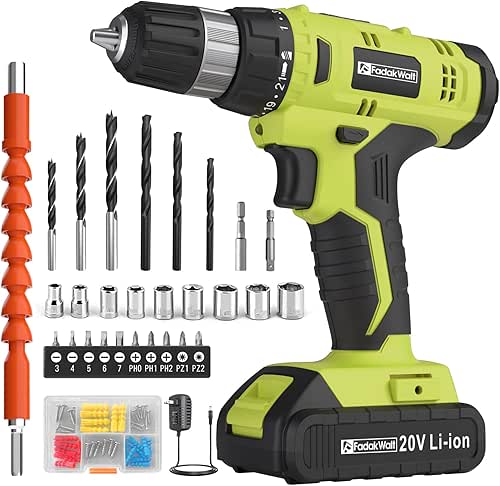 FADAKWALT Cordless Drill Set, 20V Electric Power Drill with Battery