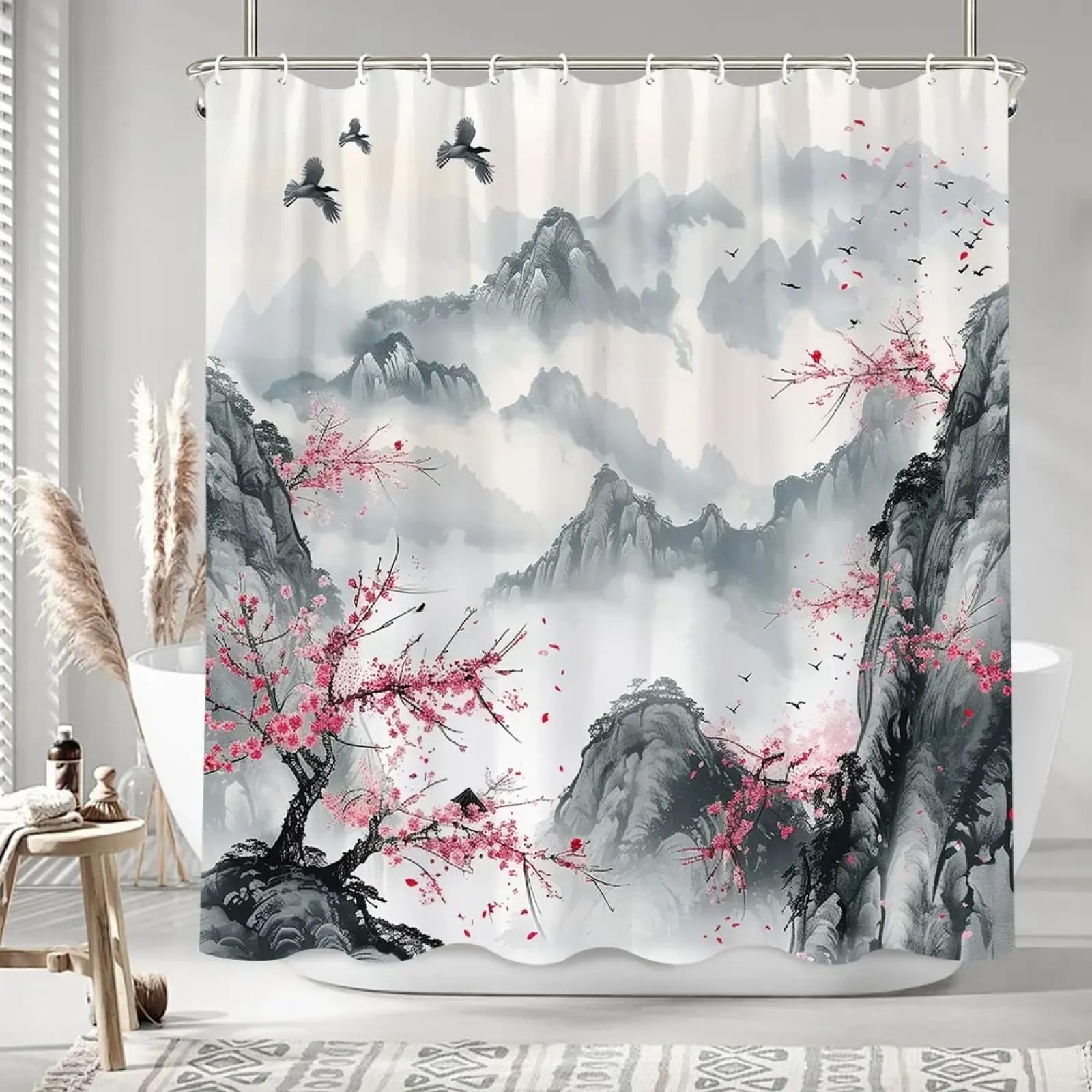 Rideau de douche montagnes asiatiques pour salle de bain zen