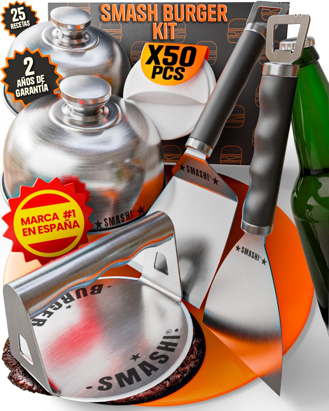 SMASHI® Kit Smash Burger Professionale con Manico Apribottiglie | Acciaio Inox 304 Certificato UE | Pressa Hamburger Antiaderente | Kit Smash Burger Completo (Professionell)