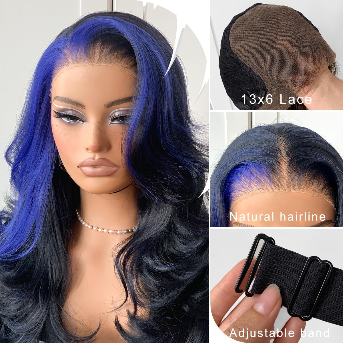 Voluminous Feather Layered Hair Flip Out Preplucked Precision-Precut-cut Ready-to-Go Glueless 13x6 HD Synthetic Lace Front Wig Dark Blue Skunk Stripe Wig