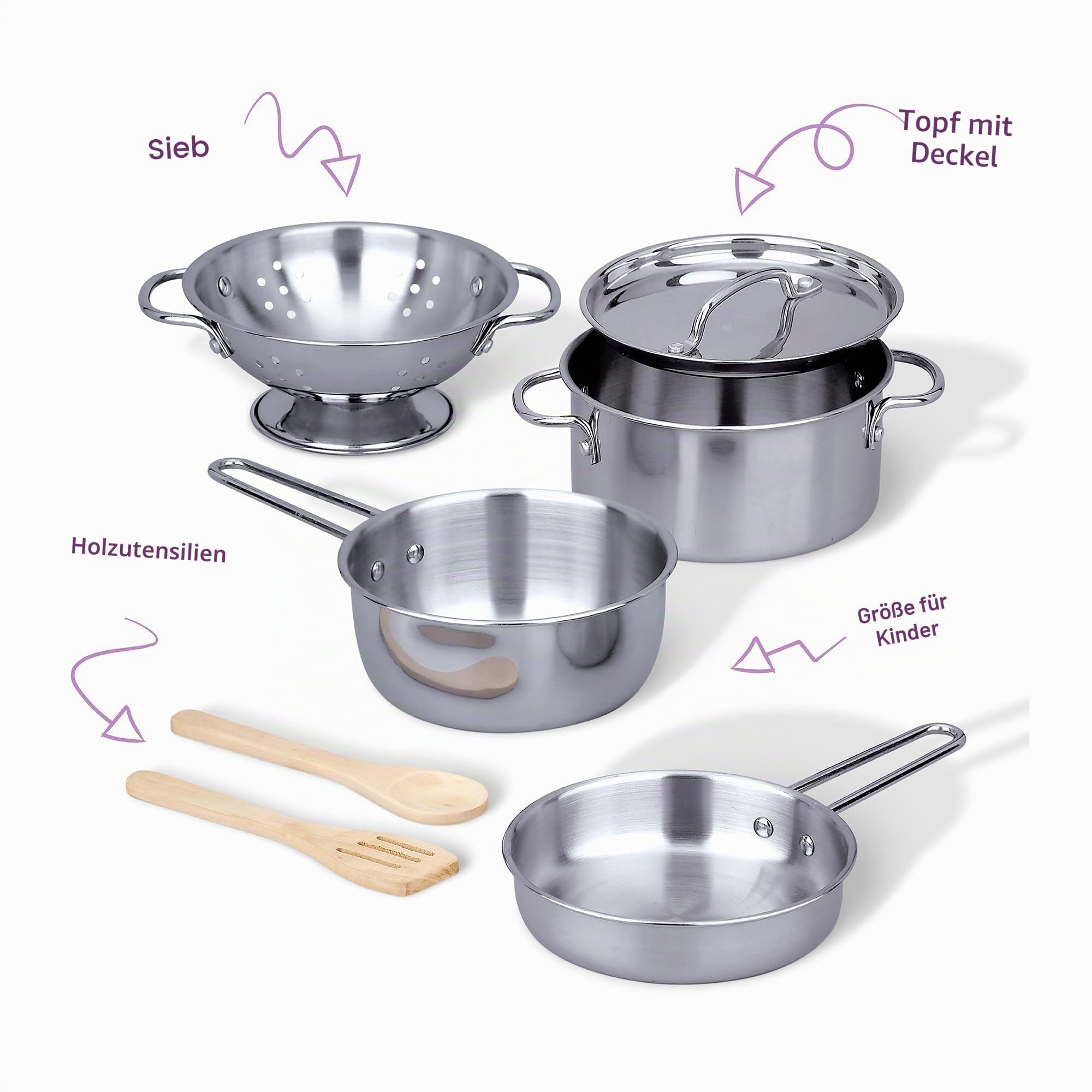 Melissa & Doug - Kinderküchen-Topfset aus Edelstahl, 8-teilig, Mit Töpfen, Pfanne und Küchenhelfern, Für Kinder ab 3 Jahren