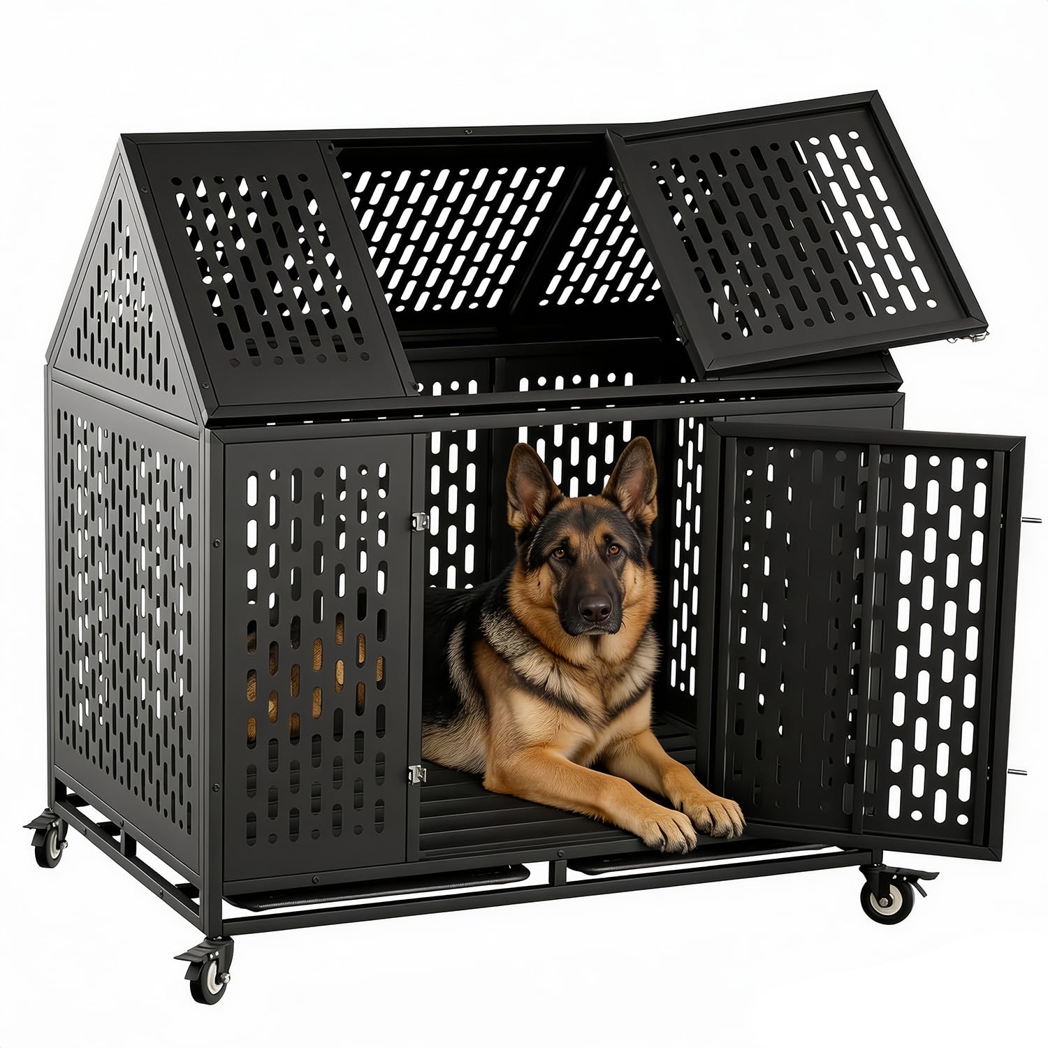 44 Inch Heavy Duty Indestructible Dog Crate Steel Escape Proof Chew Proof Cage, Indoor Double Door Kennel for High Anxiety Large Medium Dogs with