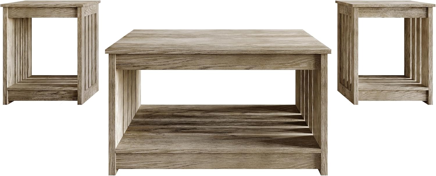 HOME DESIGN Nashua 3 Piece Coffee Table Set for Living Room, Rustic Farmhouse Style, Slatted Side Panels, Open Shelf Storage, Easy Assembly, Antique Gray Finish