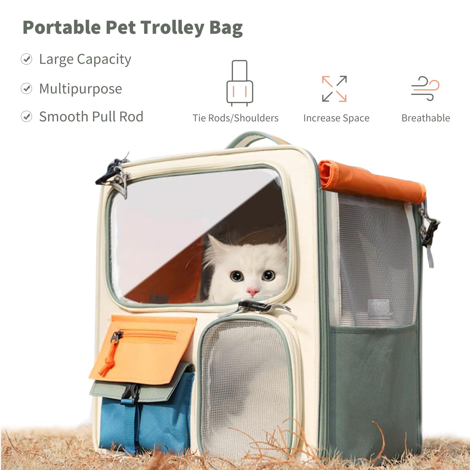 PETCUTE Trasportino Zaino per Gatti con Ruote,Zaino Pieghevole per Cani con Tappetino Rimovibile,Traspirante Trasportino da Viaggio per Animali Domestici,Tasche Frontali,Fino a 33 libbre