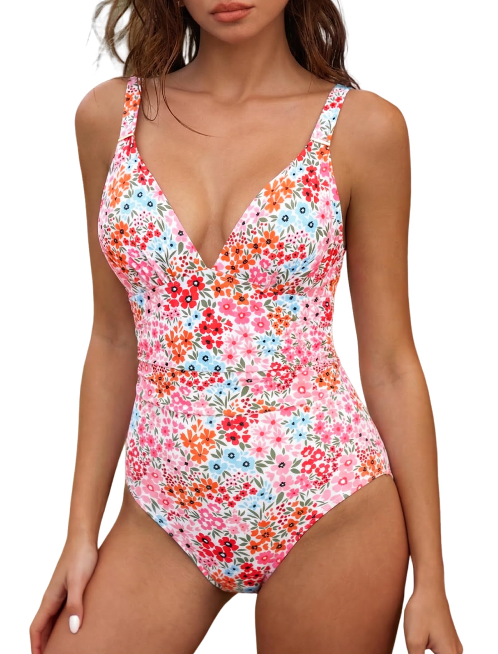 ZAFUL Womens Sexy V Neck One Piece Swimsuit Ruched Tummy Control Bathing Suit Backless Slimming Monokini