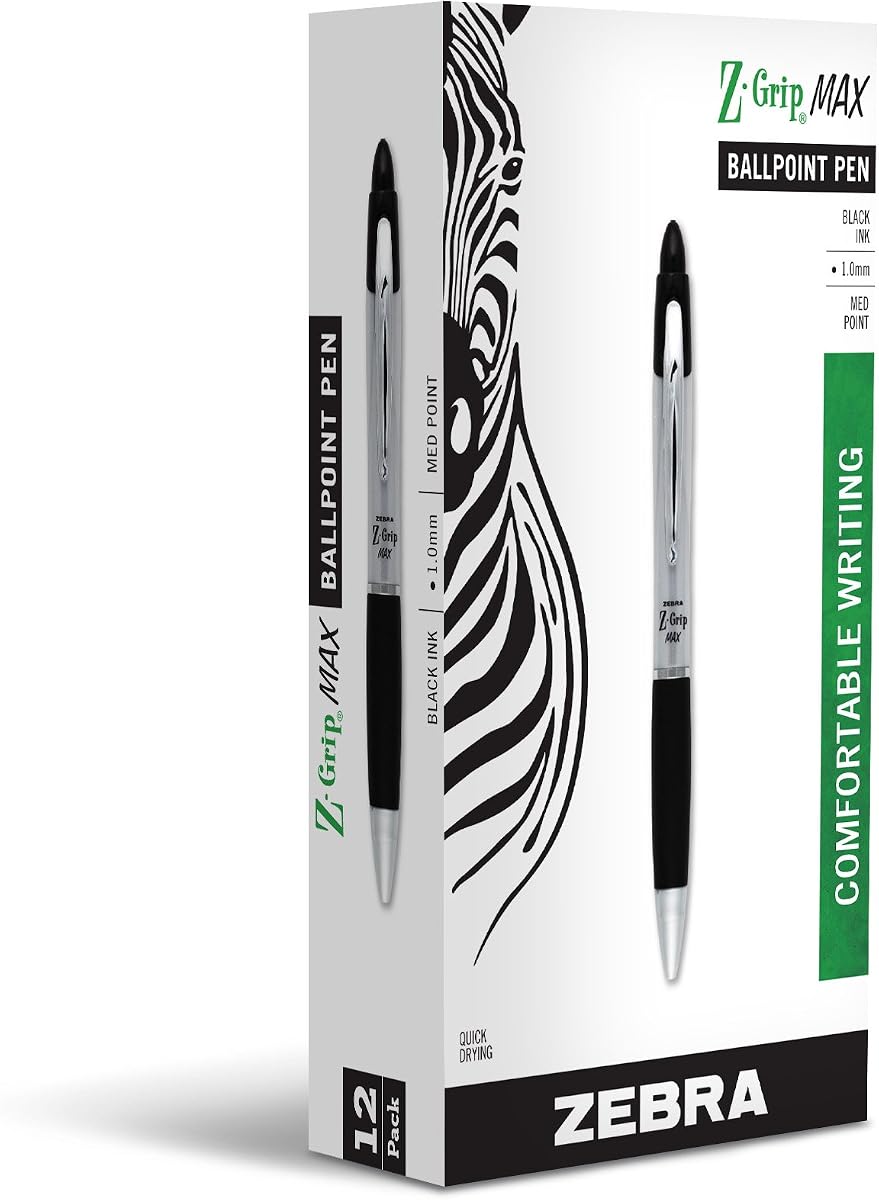 Bolígrafo retráctil Zebra Pen Z-Grip MAX, tinta negra, 1,0 mm, paquete de 12 | Diseño de barril ancho, agarre cómodo, punta de punta media, clip de metal, ideal para suministros escolares y de oficina (22410)