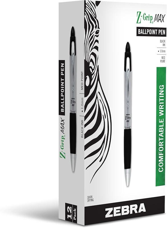 Bolígrafo retráctil Zebra Pen Z-Grip MAX, tinta negra, 1,0 mm, paquete de 12 | Diseño de barril ancho, agarre cómodo, punta de punta media, clip de metal, ideal para suministros escolares y de oficina (22410)