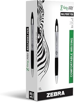 Zebra Pen, Z-Grip MAX Retractable Ballpoint Pens, Black Ink, 1.0mm Medium Point, Wide Barrel with Comfortable Grip, Silver Barrel, Metal Clip, 12-Count, (22410)
