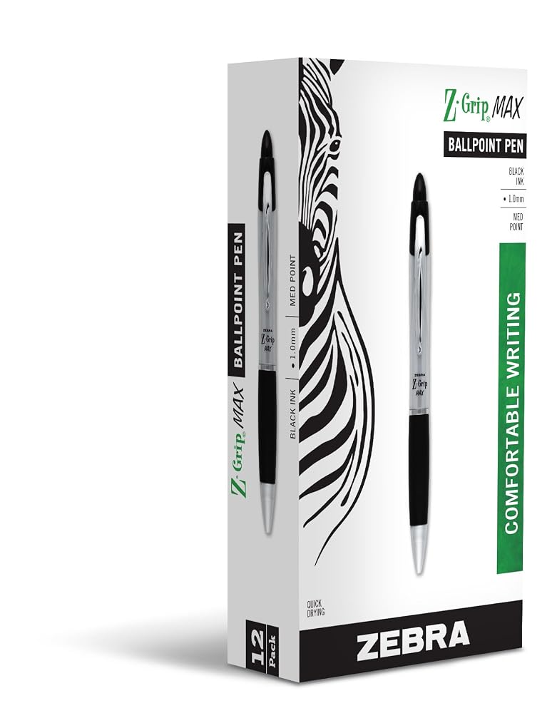 Zebra Pen Z-Grip MAX Retractable Ballpoint Pen, Black Ink, 1.0mm, 12-Pack