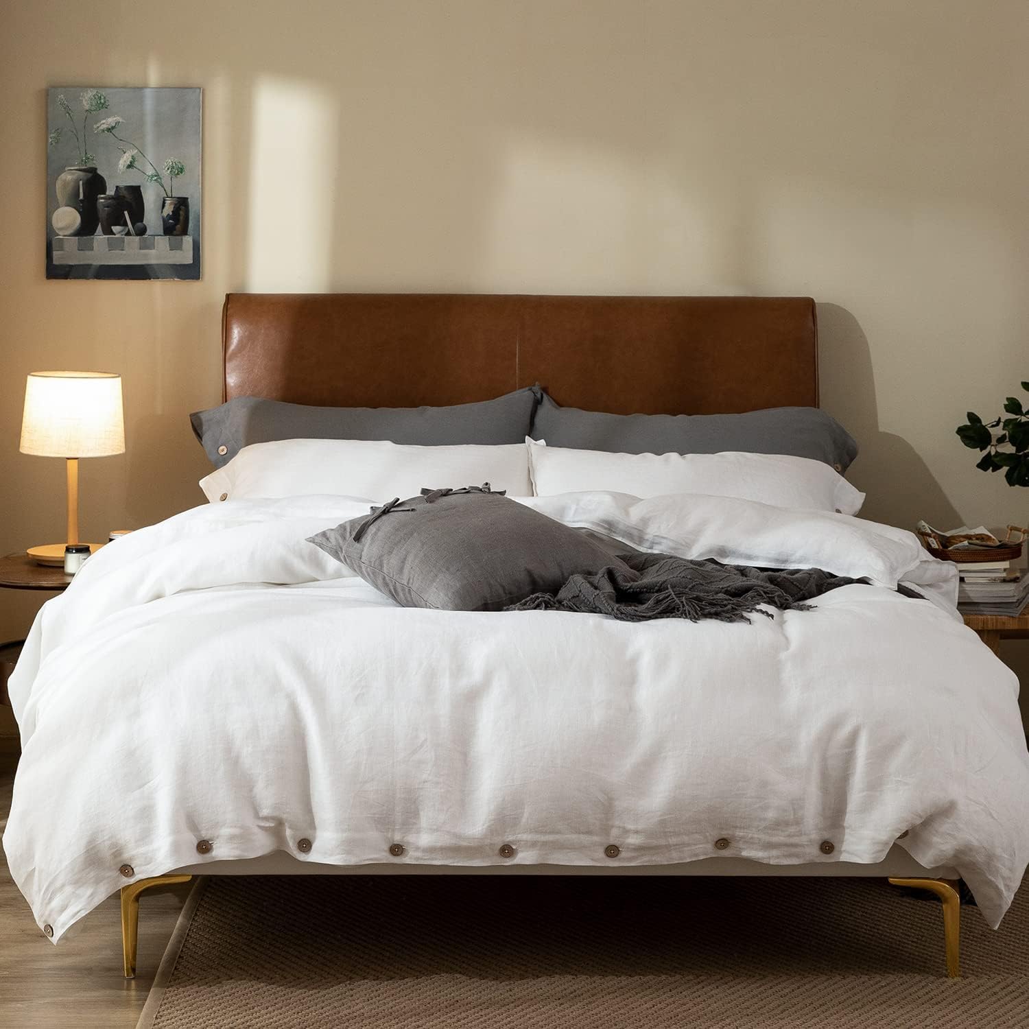 Half-Linen Bed Linen Set, 200 x 200 cm, 3-Piece Linen Set, Duvet Cover 200 x 200 cm and Set of 2 Pillowcases 80 x 80 cm, Oeko-Tex Certified, 55% Linen, 45% Cotton (White)