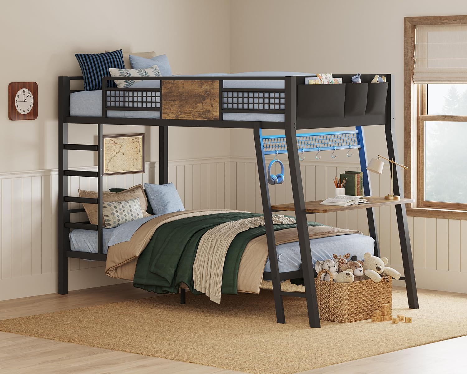 HAUOMS Bunk Bed for Small Space, Twin Over Twin Bunk Beds with Desk, Power Outlets, RGB LED Lights, Storage, Metal Beds with Safety Guardrail & Ladders, No Box Spring Needed (Rustic Brown, Twin)